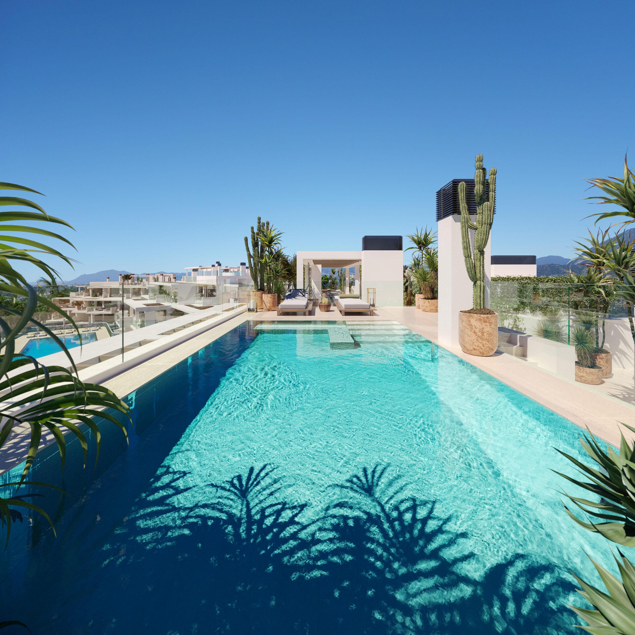 Open-plan living and dining area with large glazed doors in 4-bedroom penthouse, Lomas de Marbella Club