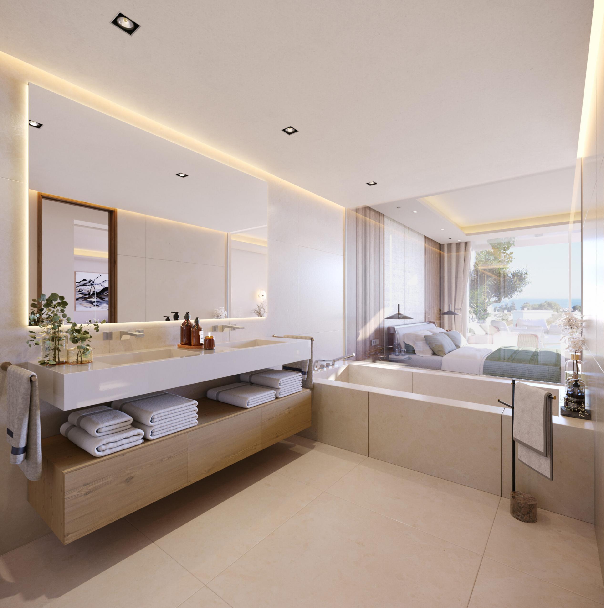 En-suite bathroom with double vanity unit in new-build penthouse, Lomas de Marbella Club