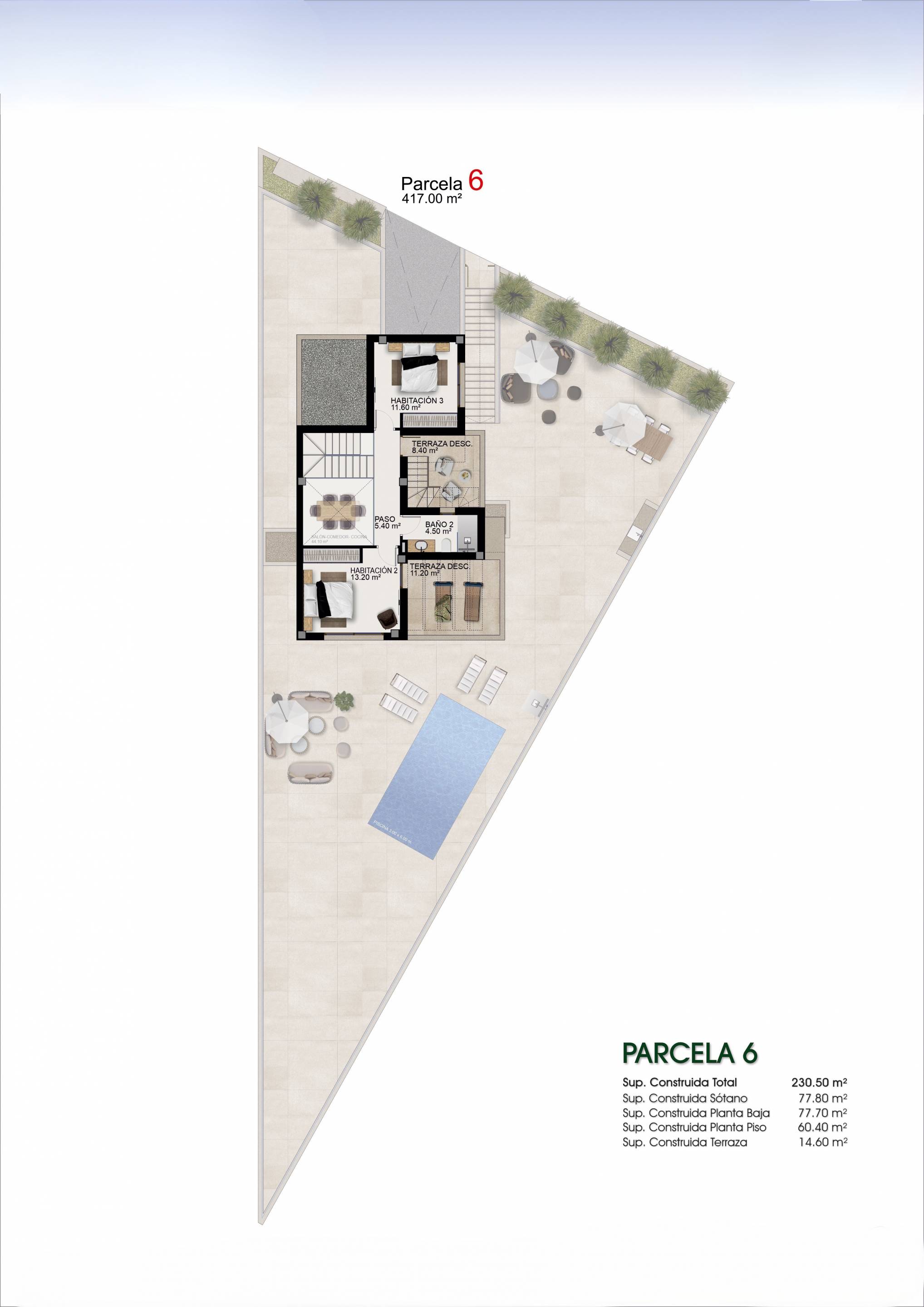 Site plan showing 417m2 plot boundary and orientation of new-build villa in Centro de la Ciudad Quesada, Rojales