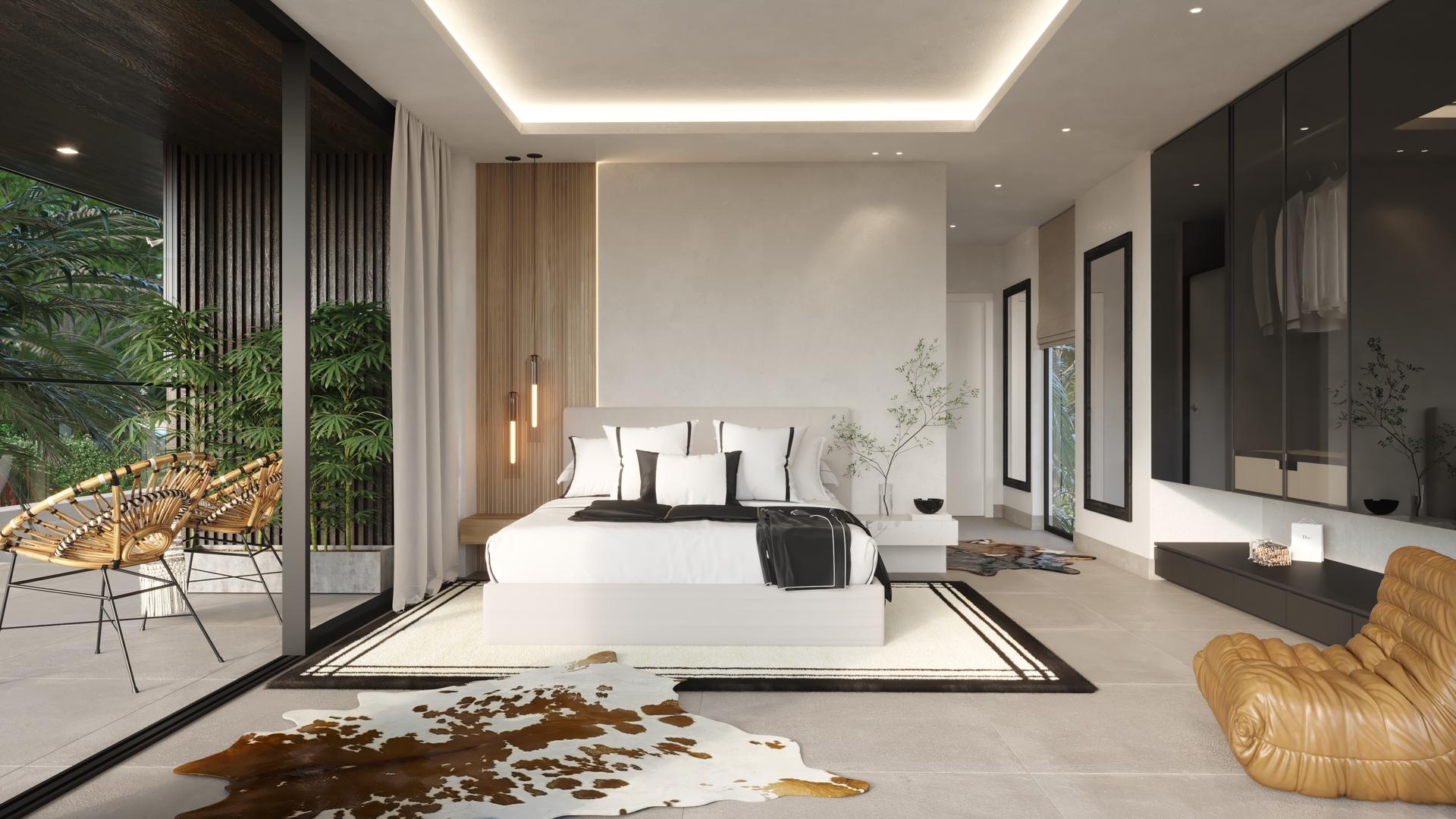 Rear exterior of single-storey new-build villa on 822 m2 plot, Benalmádena Pueblo