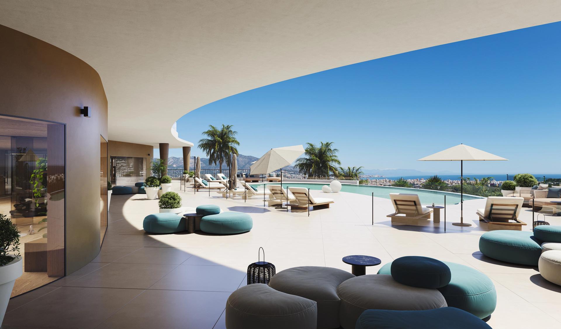 Open-plan living area with terrace doors and sea views in 1-bedroom apartment, Cerros del Águila