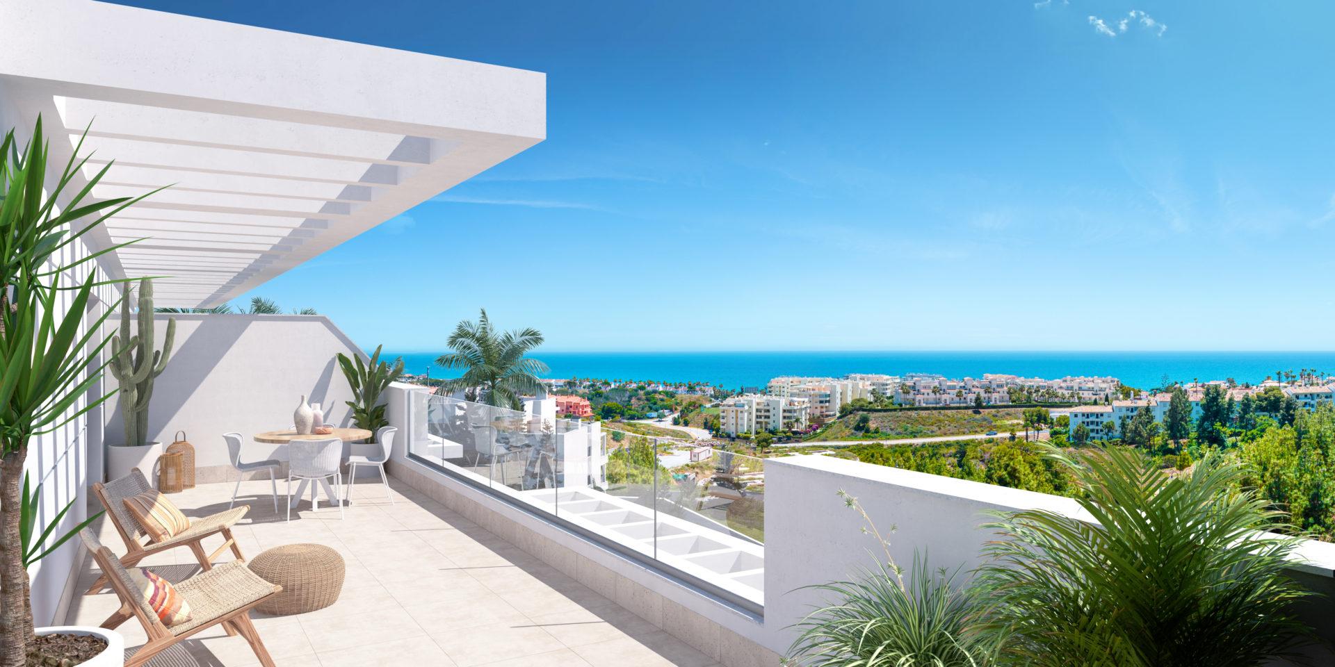 Living and dining area in new-build apartment on second floor, Calaburra, Mijas