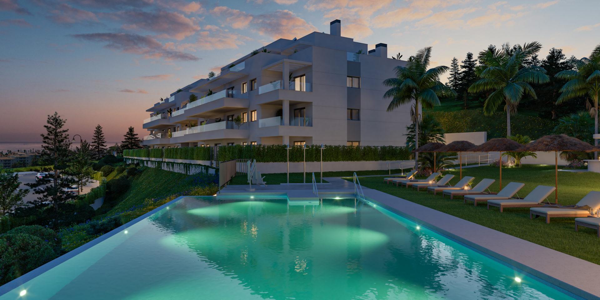 Open-plan living area in 2-bedroom new-build apartment, Calaburra, Mijas