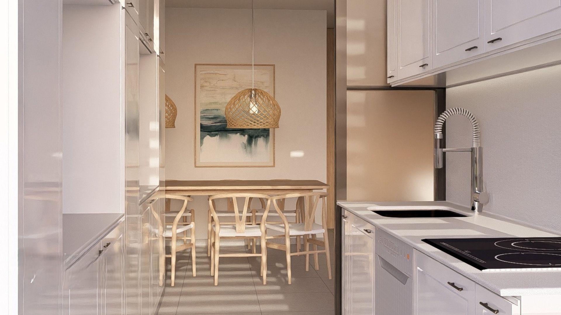 Interior render of living space in 2-bedroom apartment, Pueblo, Jávea