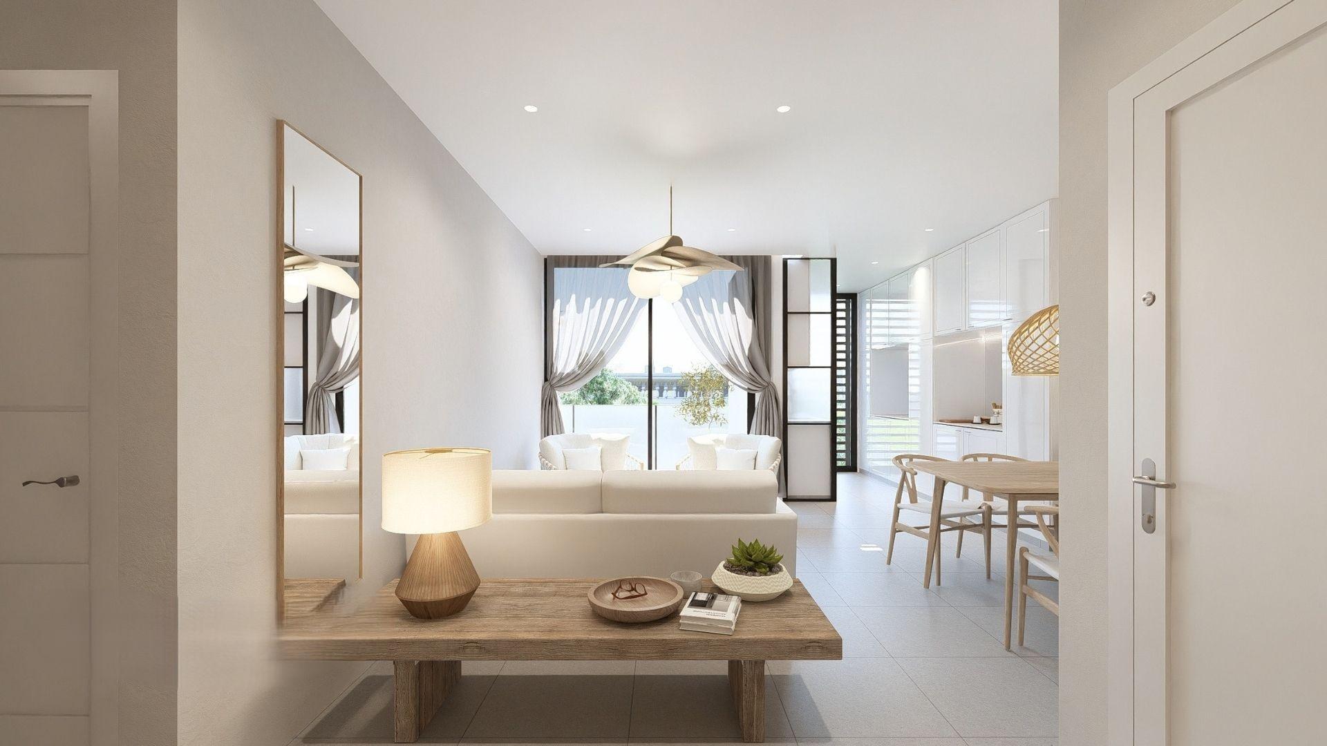 CGI of open-plan living and kitchen area in 2-bedroom apartment, Pueblo, Jávea