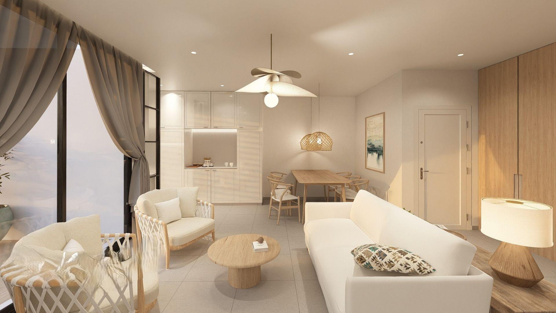 CGI of bedroom with built-in wardrobes in 2-bedroom apartment, Pueblo, Jávea