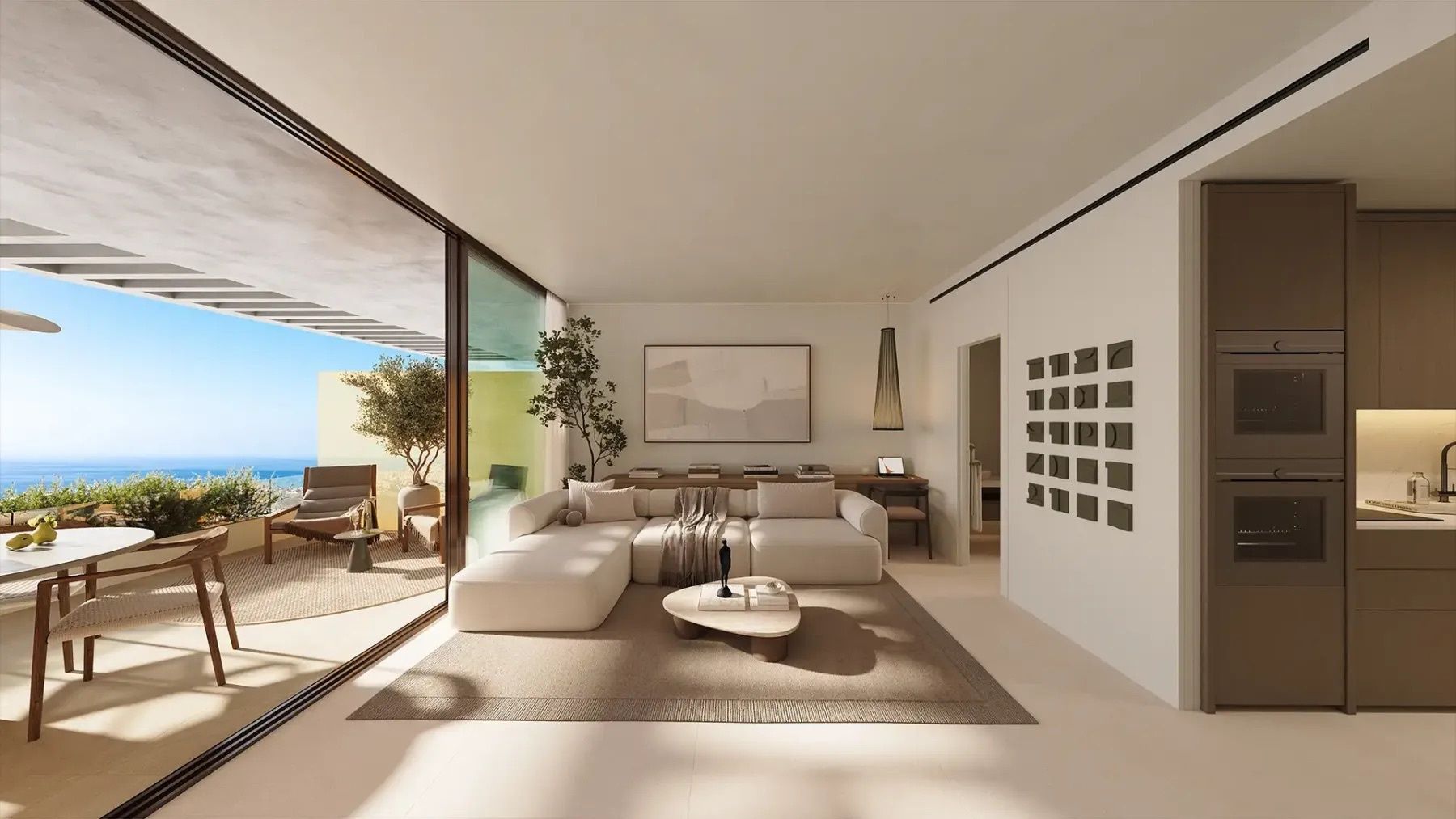 Open-plan living area in 2-bedroom new-build villa, El Higuerón, Fuengirola