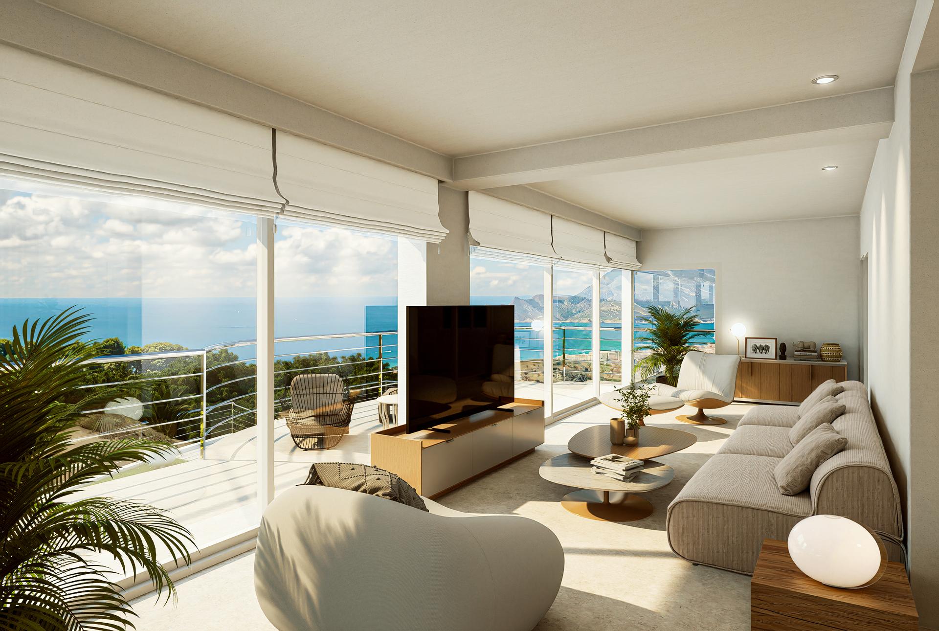 Covered terrace overlooking hillside garden in new-build villa, Altea Hills, Altea