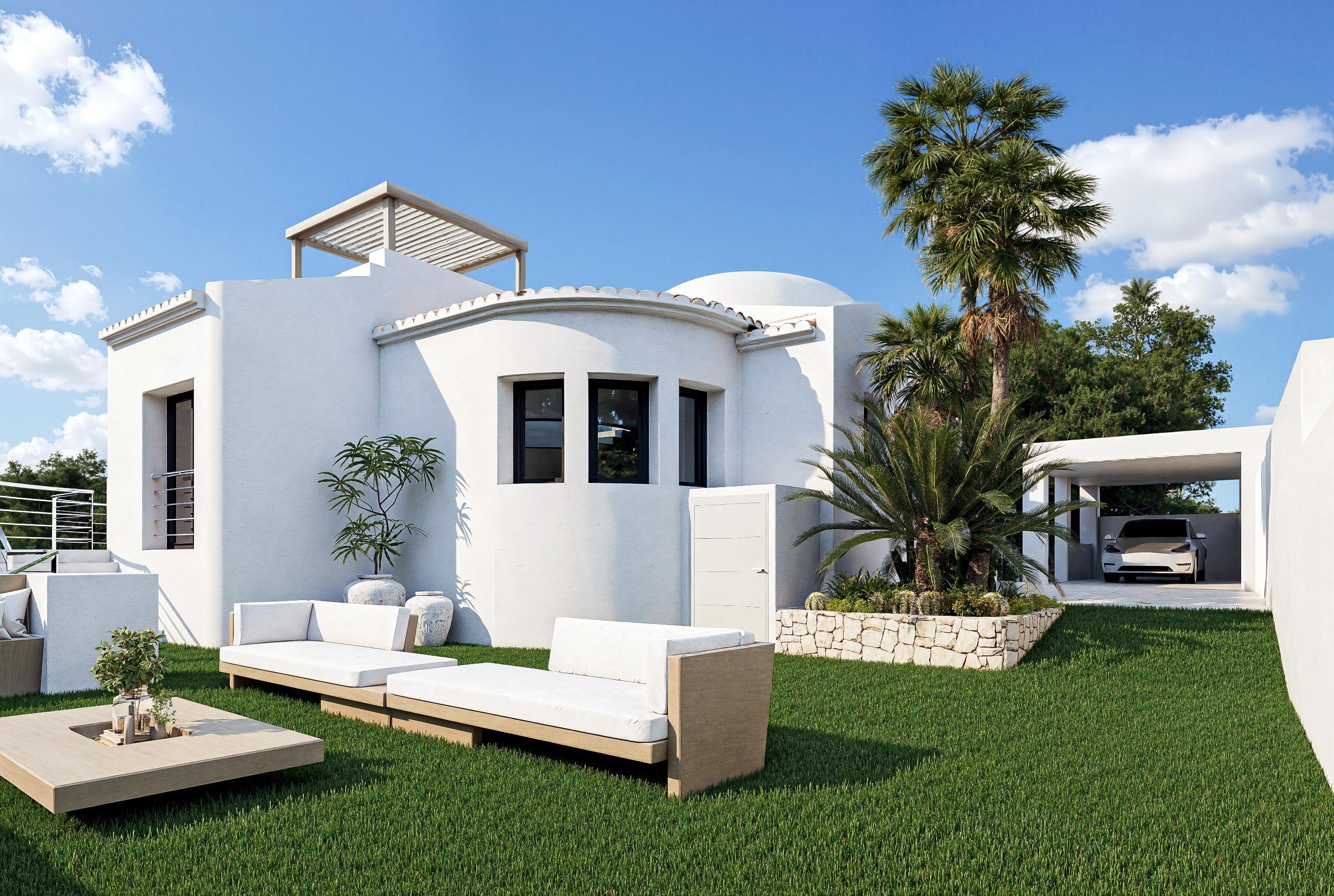 Front facade of new-build villa in Altea Hills, Altea, with landscaped entrance approach