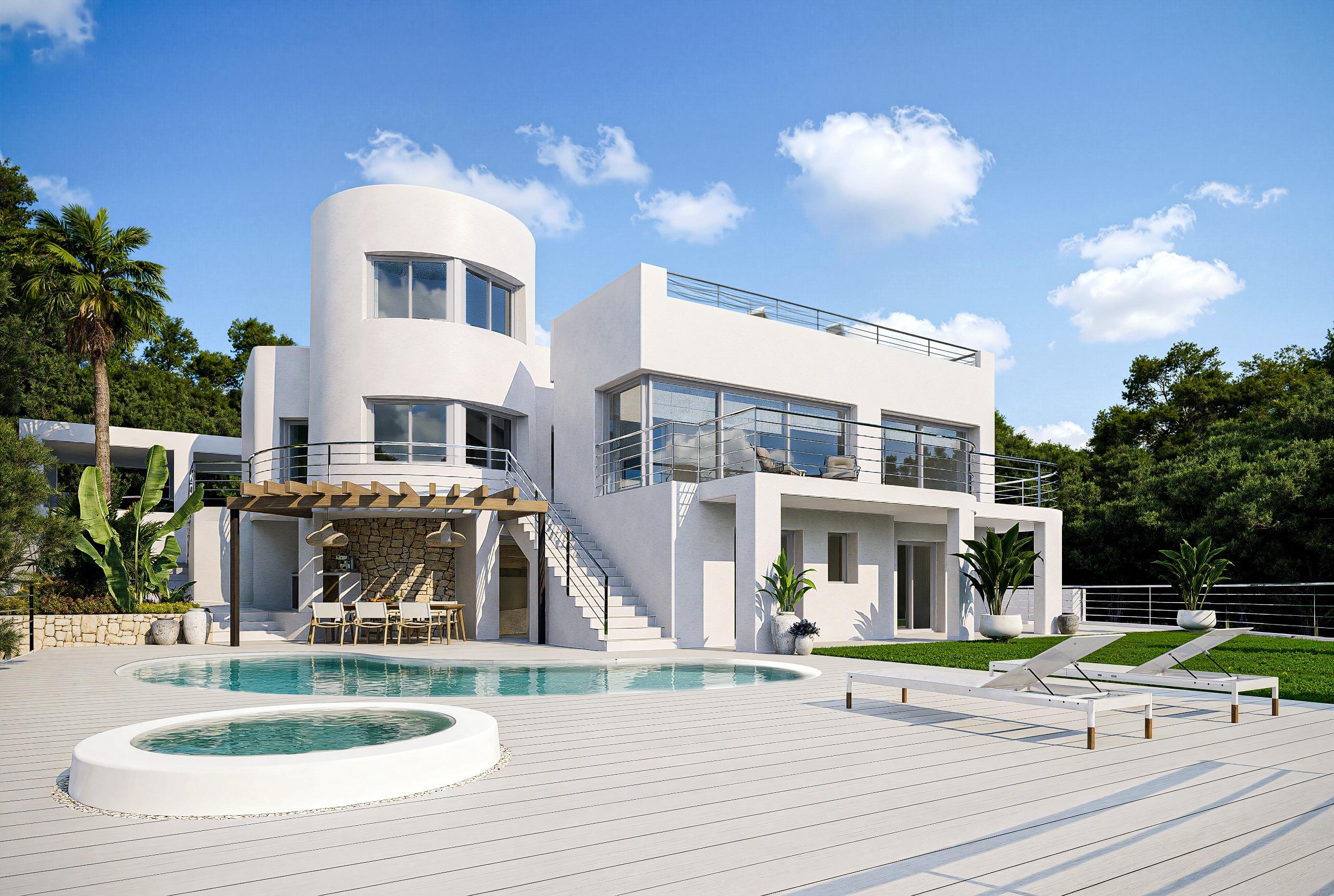 Rear terrace with outdoor dining space in new-build villa, Altea Hills, Altea