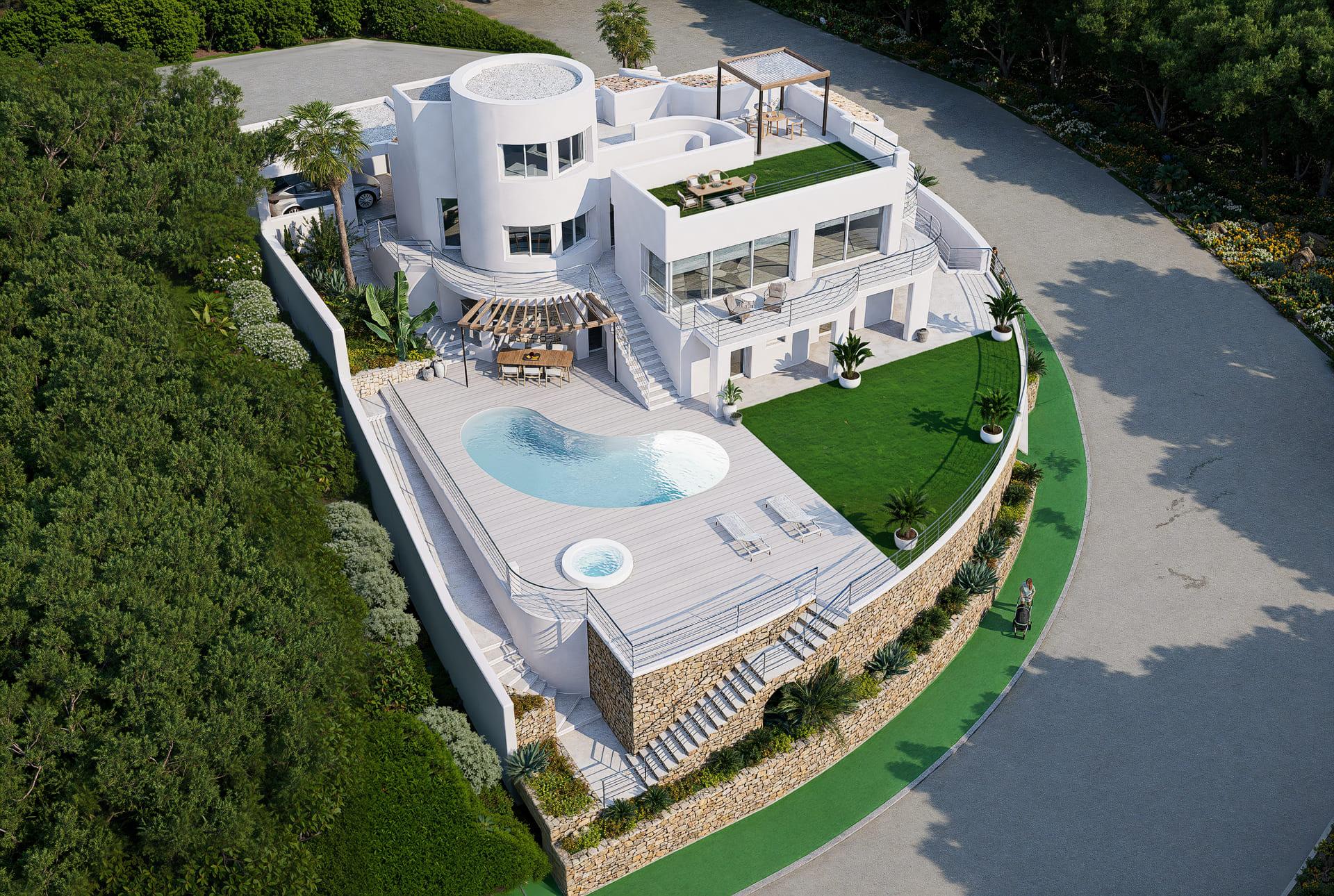 Aerial view of villa plot and pool within Altea Hills urbanisation, Altea