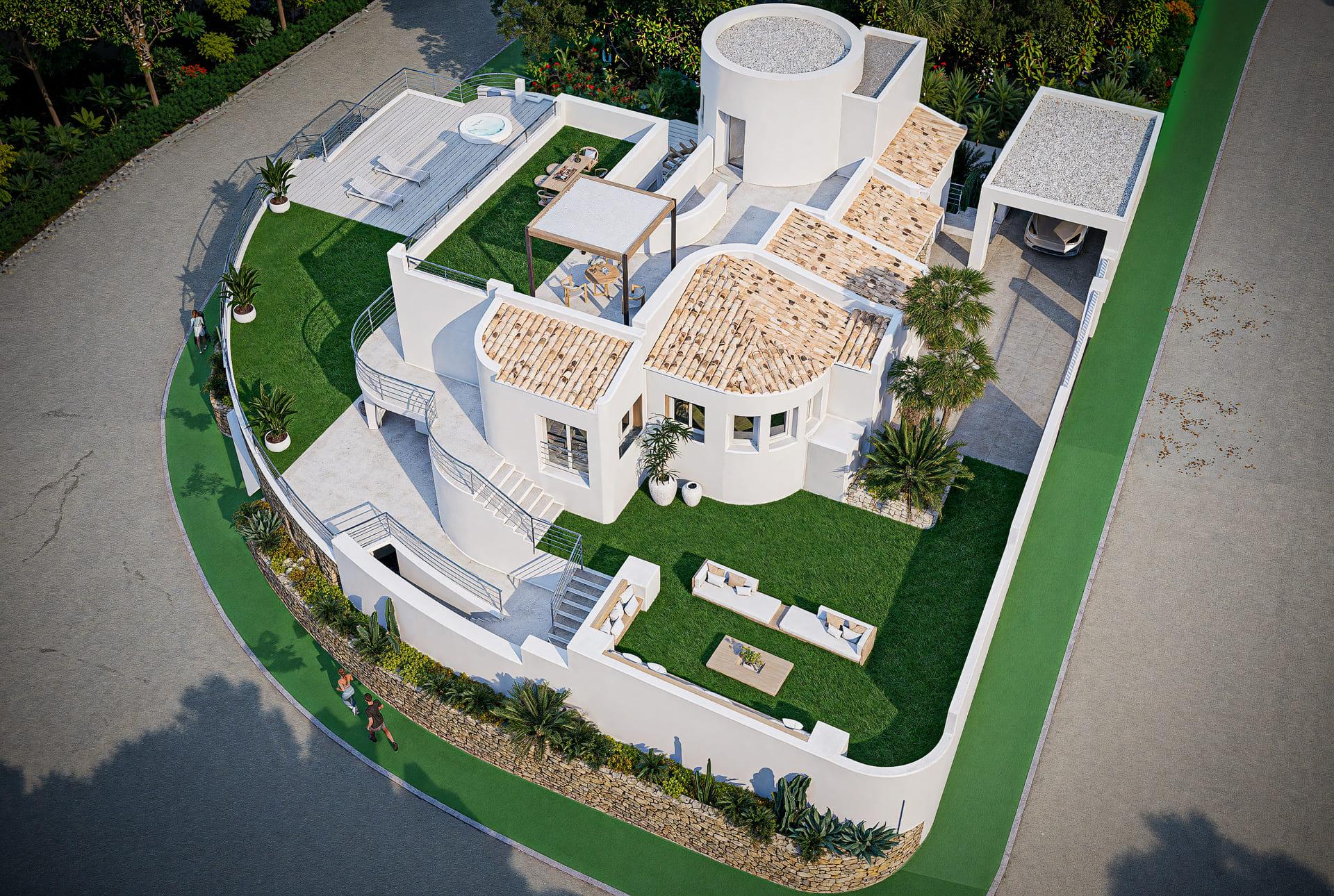 Exterior cladding and rendered finish detail on new-build villa, Altea Hills, Altea