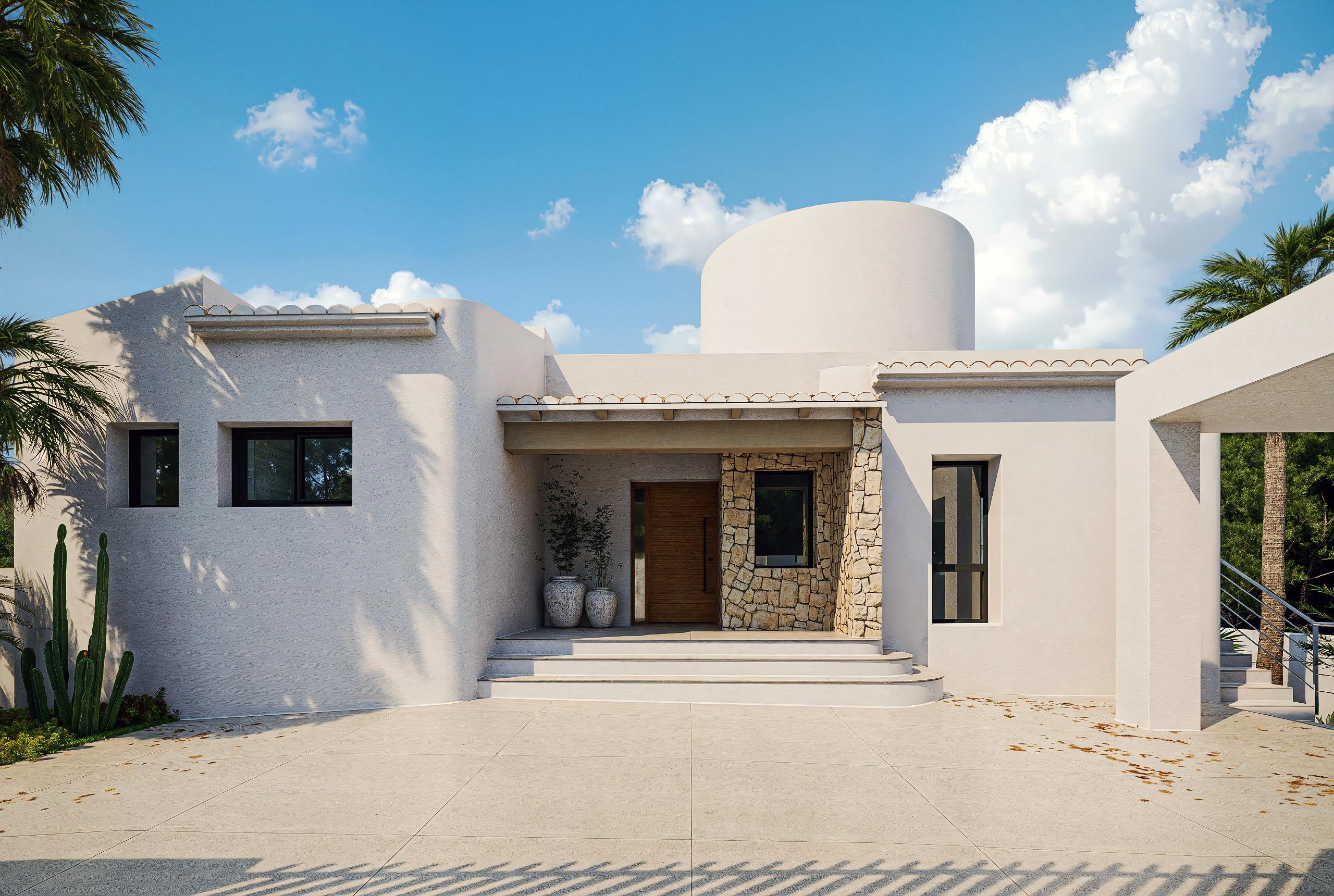 Contemporary rendered entrance elevation of new-build villa in Altea Hills, Altea