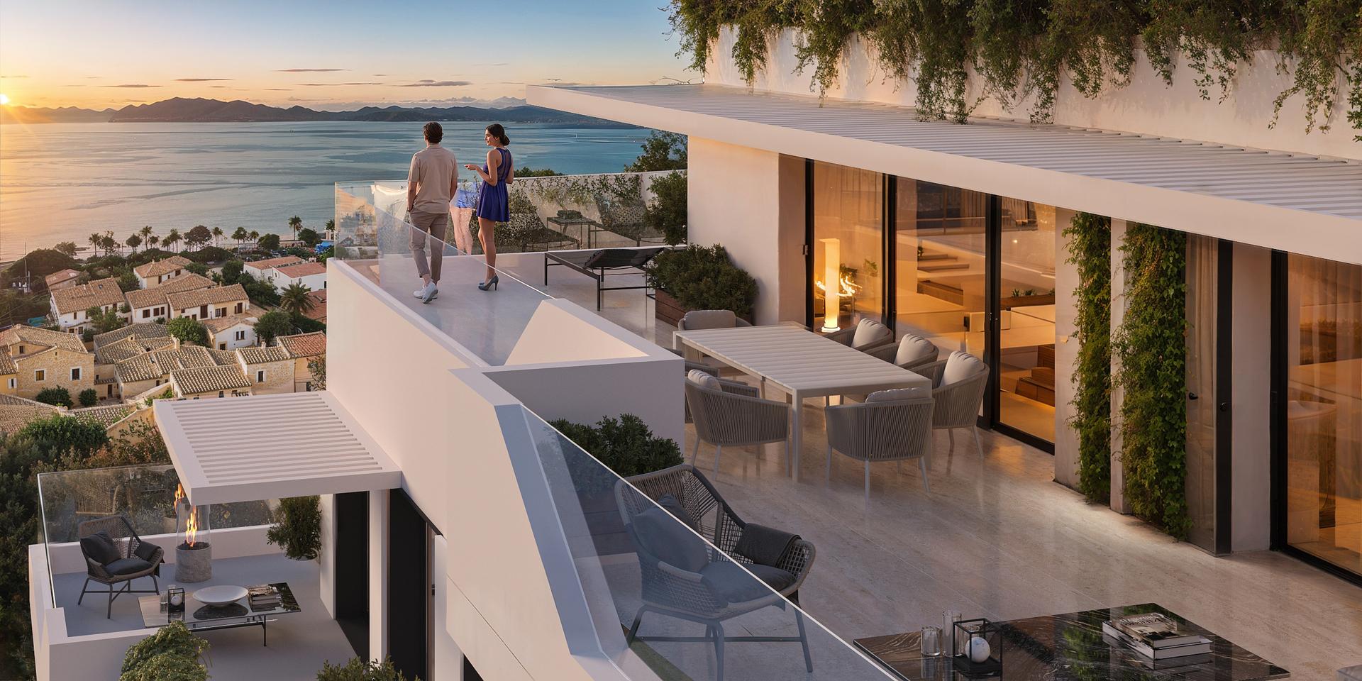 Rooftop terrace with outdoor furniture and sea view