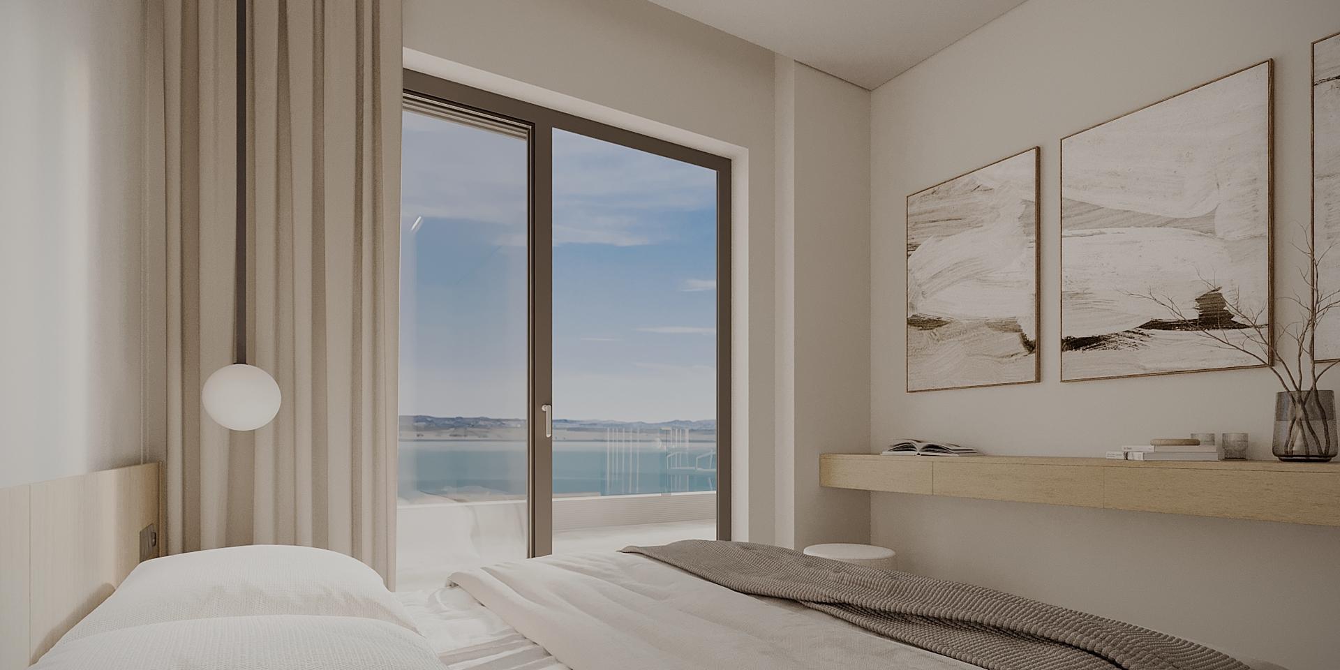 Master bedroom with floor-to-ceiling window and fitted wardrobe