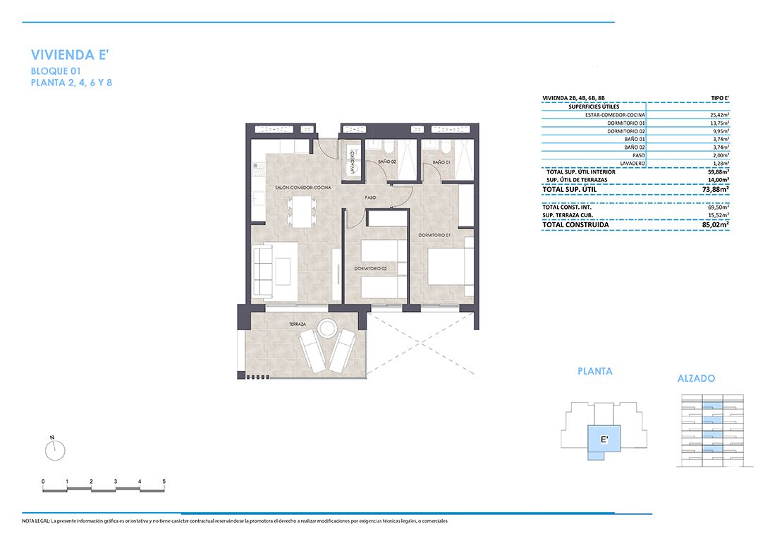 Floor plan of 2-bedroom, 2-bathroom apartment on 8th floor, Playa de Fossa-Levante