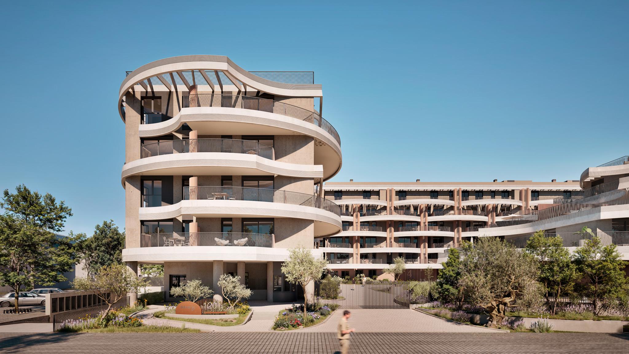 CGI render of landscaping around communal pool, Campanillas, Málaga