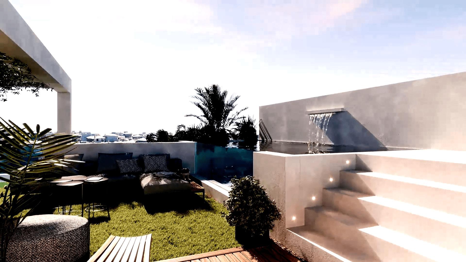 Second interior render of the living space in the 1-bedroom penthouse