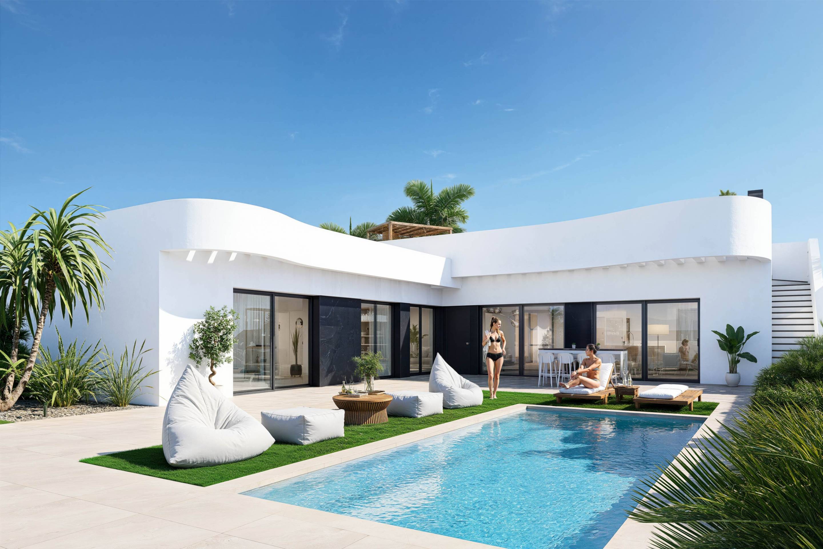 Front elevation of 3-bedroom new-build villa showing entrance and driveway, Algorfa