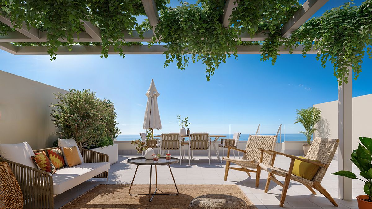 Aerial or elevated view of new-build development in Rancho Domingo, Benalmádena