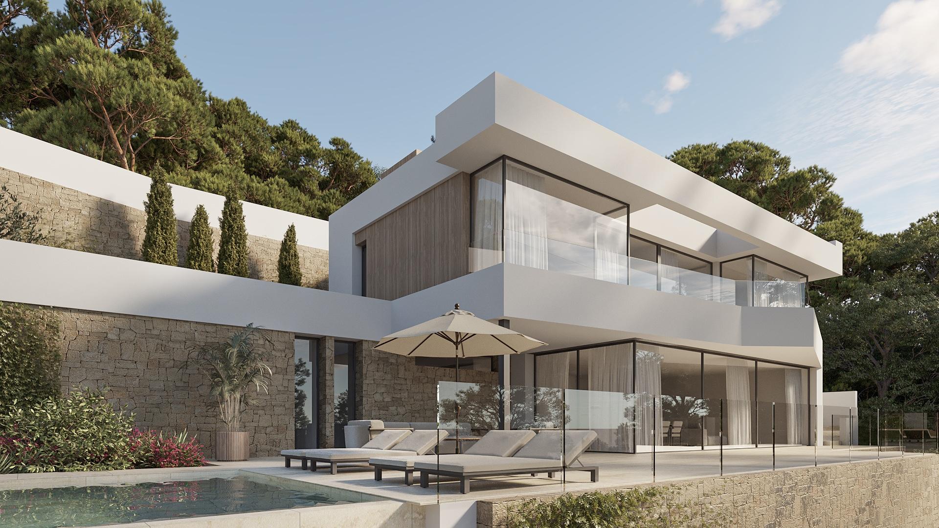 Driveway and front elevation of new-build villa in Saladar, Calpe