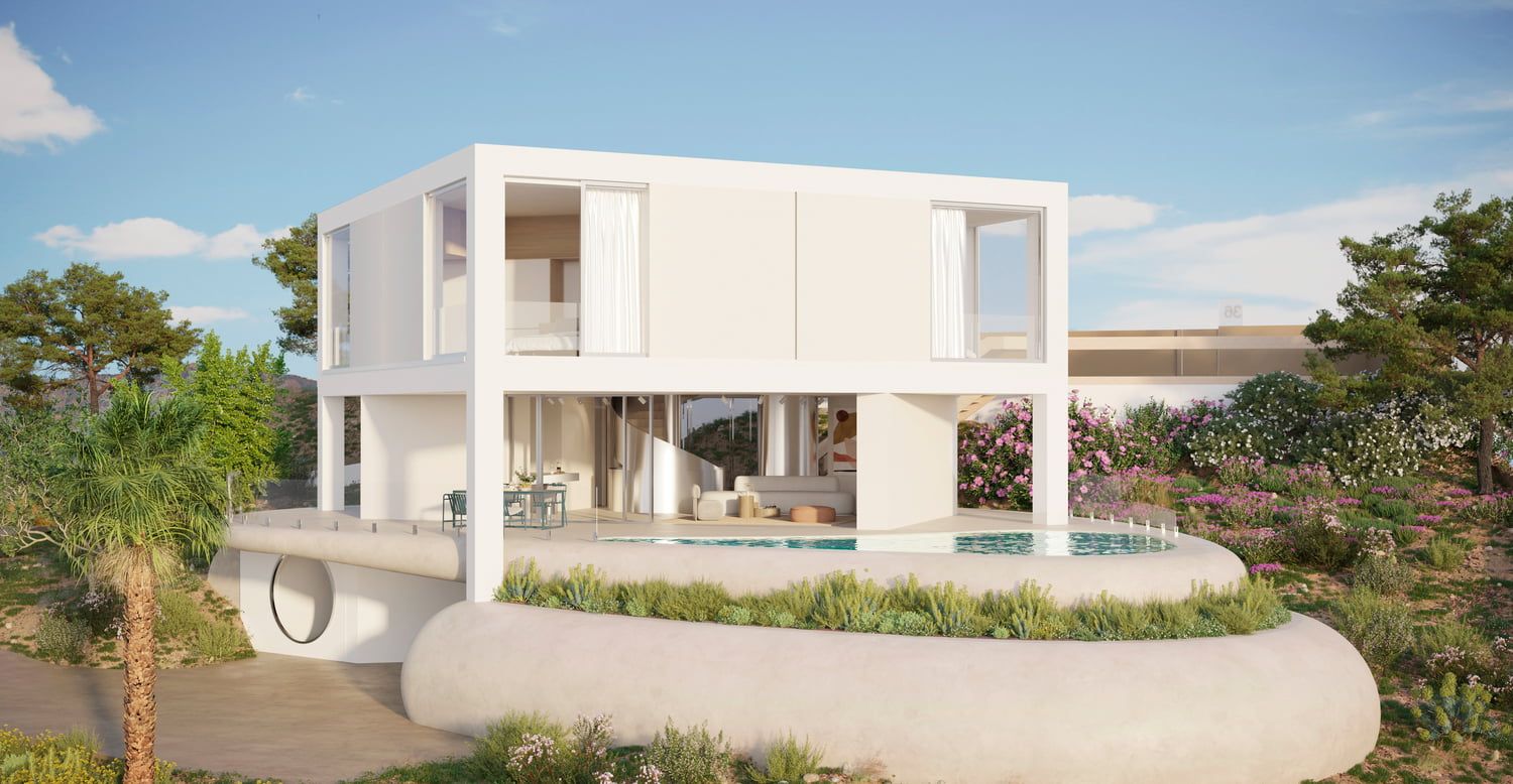 Rear exterior elevation of single-storey new-build villa with garden, Las Colinas Golf, Orihuela