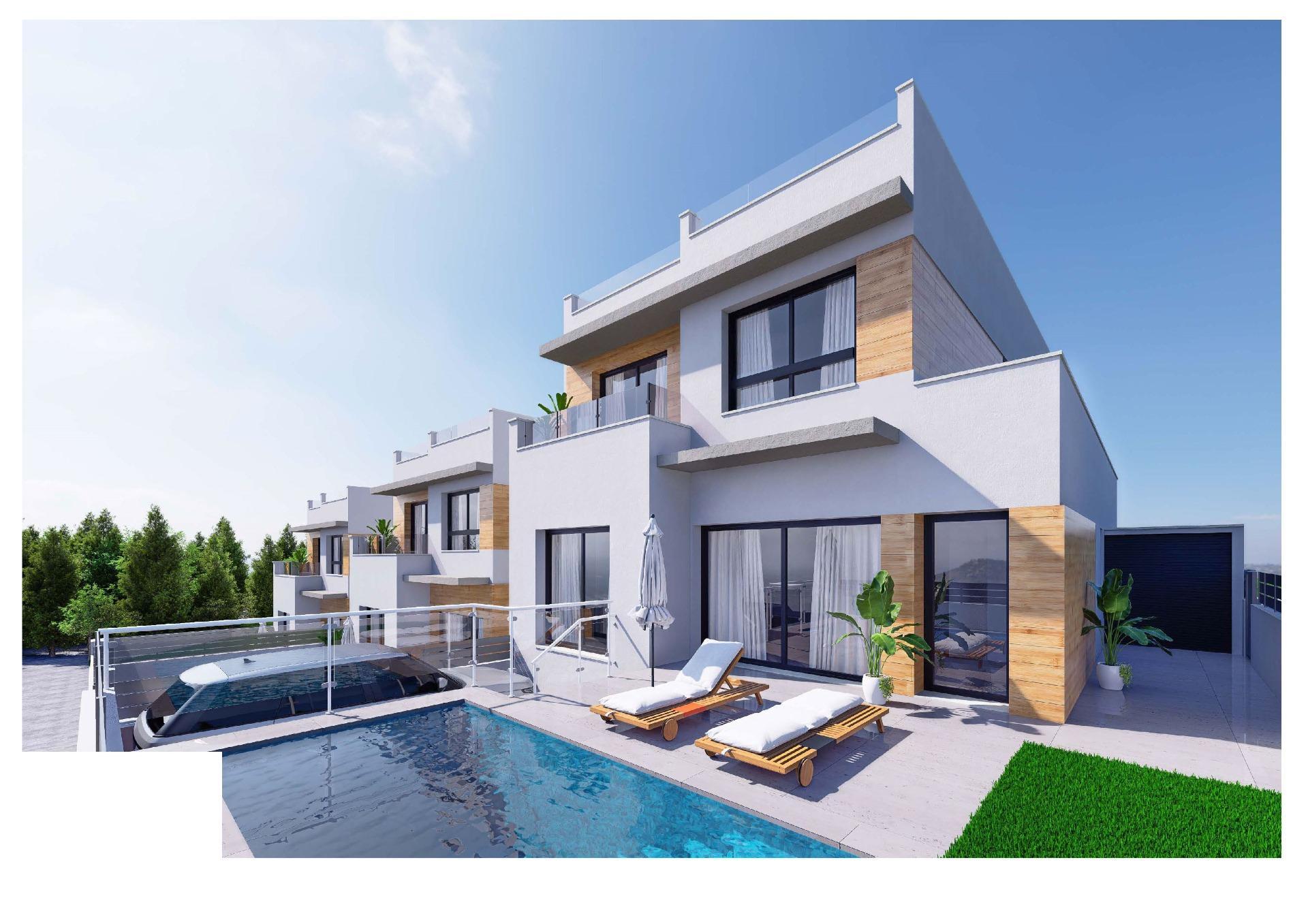 Side elevation of new-build villa showing plot boundary and rendered finish, Pueblo 4