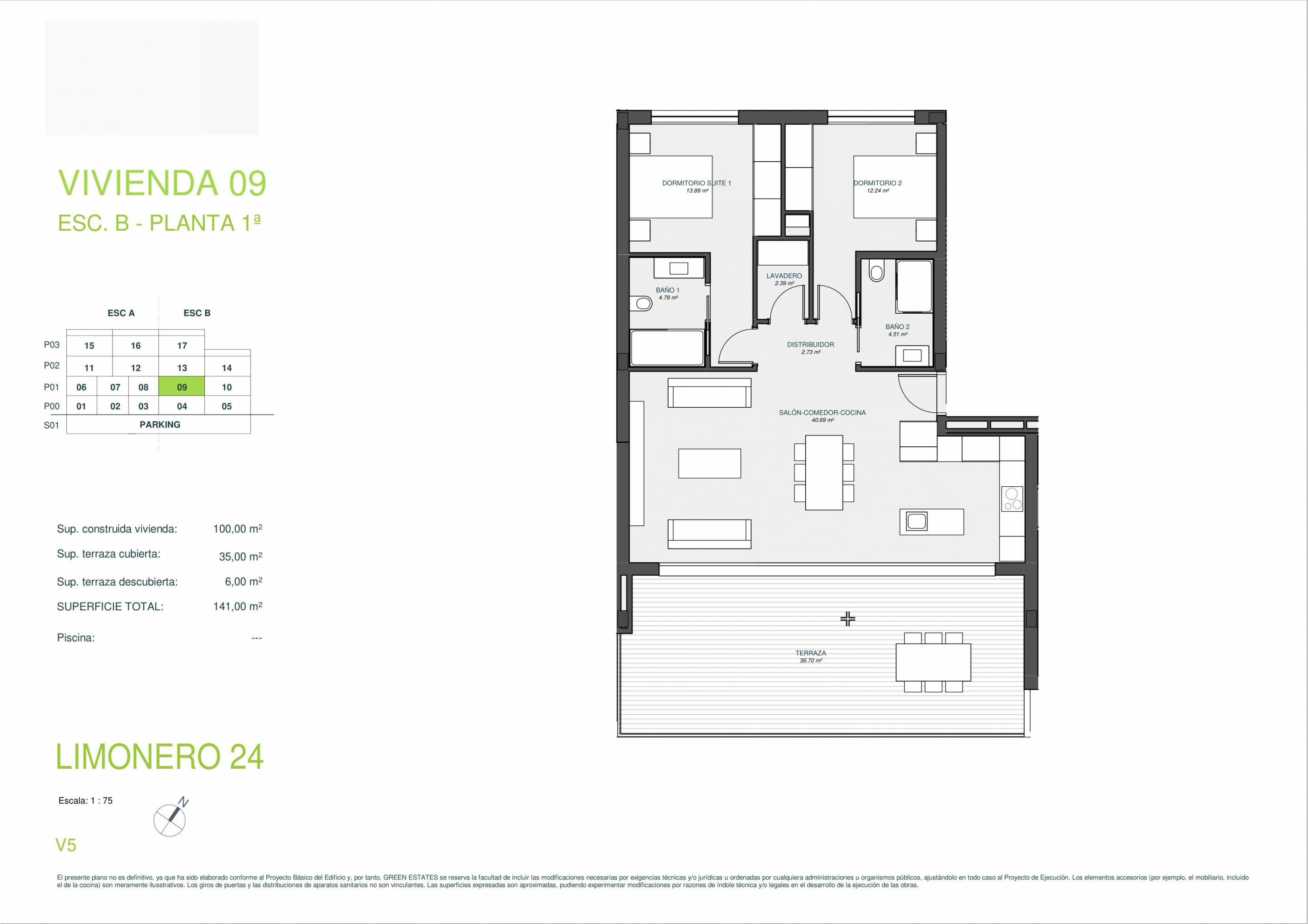 Floor plan of 2-bedroom apartment, Las Colinas Golf, Orihuela - ground level