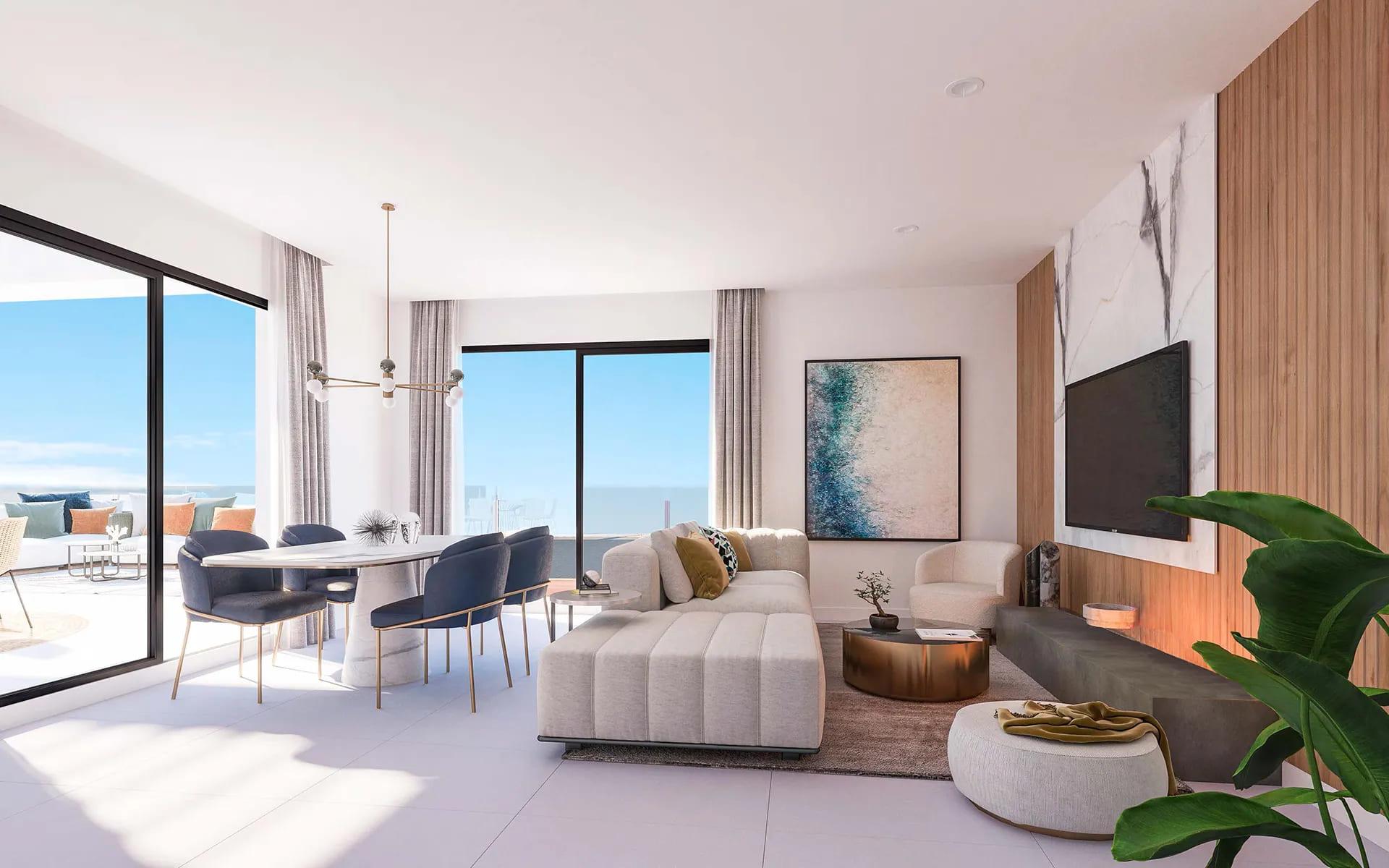 Open-plan living and dining area in 2-bedroom new-build penthouse, Montealto, Benalmádena