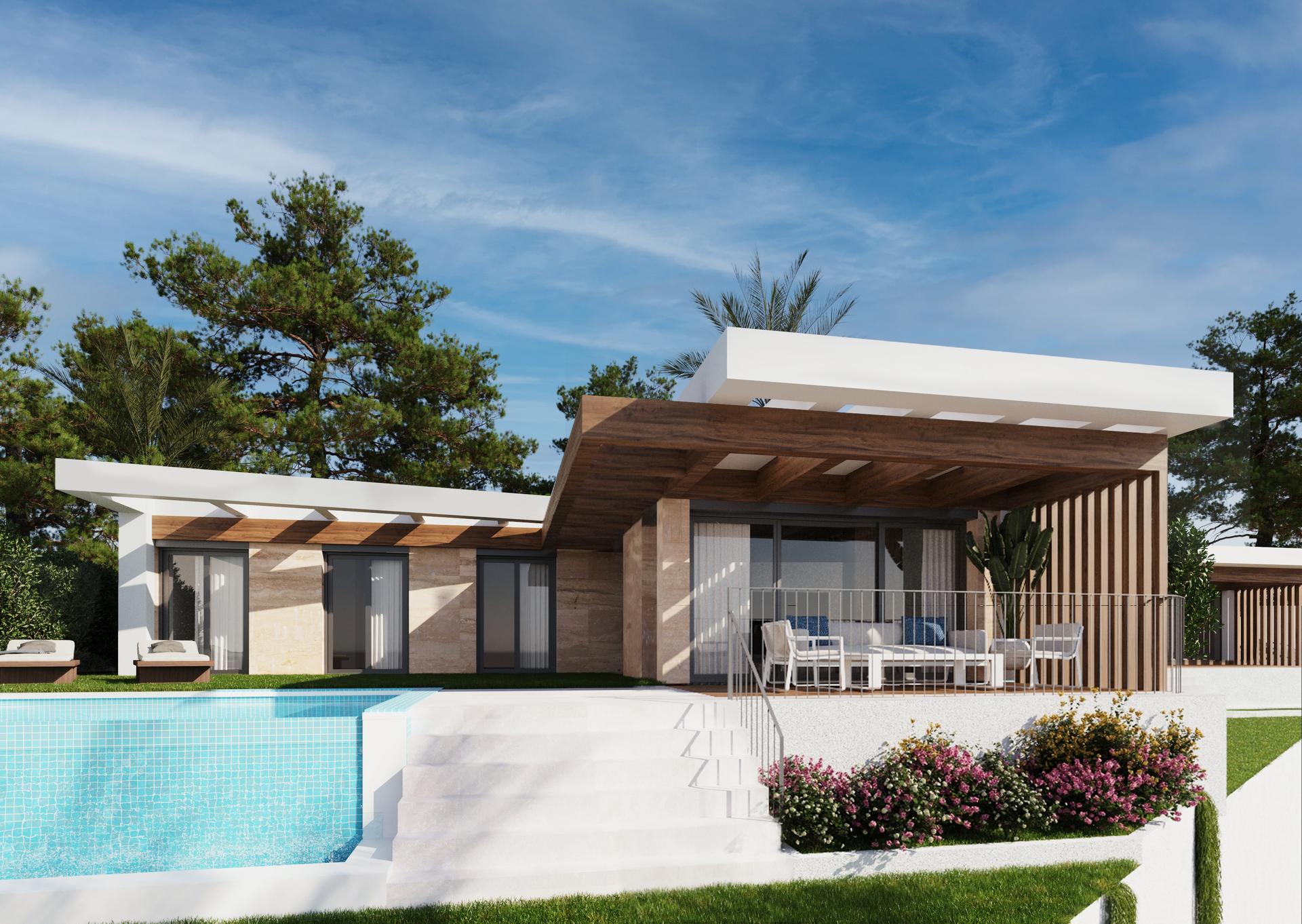 Side elevation showing exterior render finish, new-build villa, Pla de Cantal
