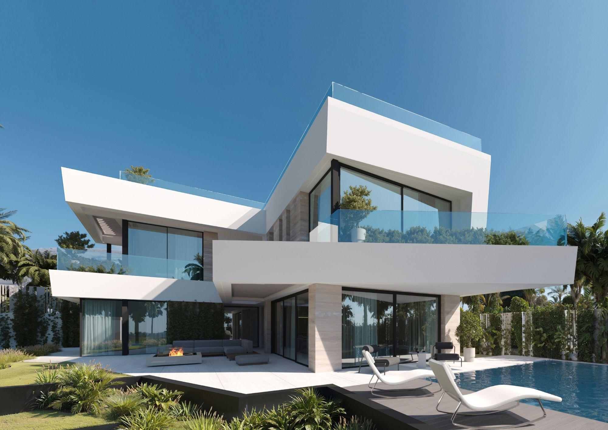 External lighting on villa facade at dusk, Sitio de Calahonda, Mijas