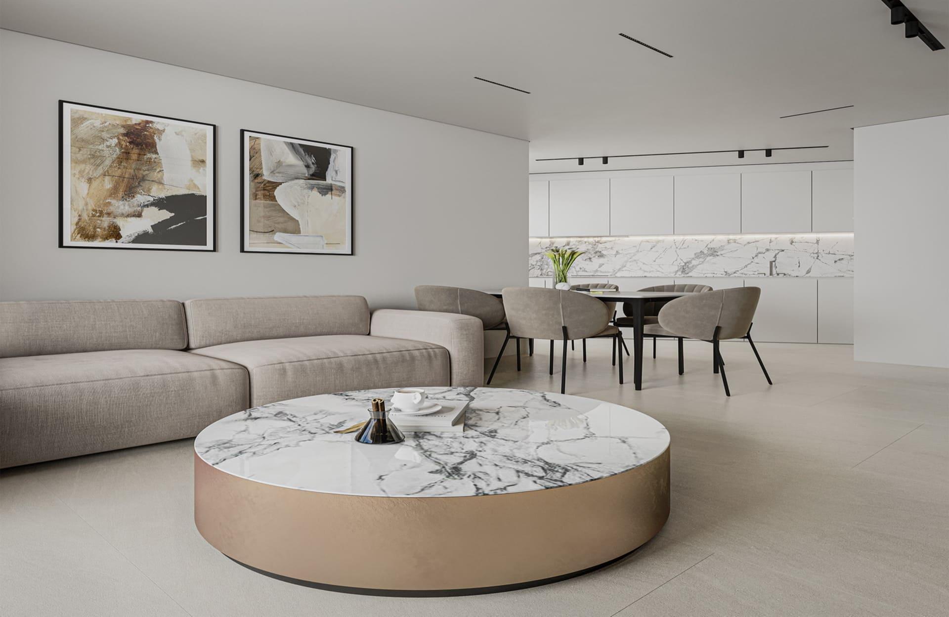Living room with glazed doors to terrace in new-build apartment, Ifach, Calpe