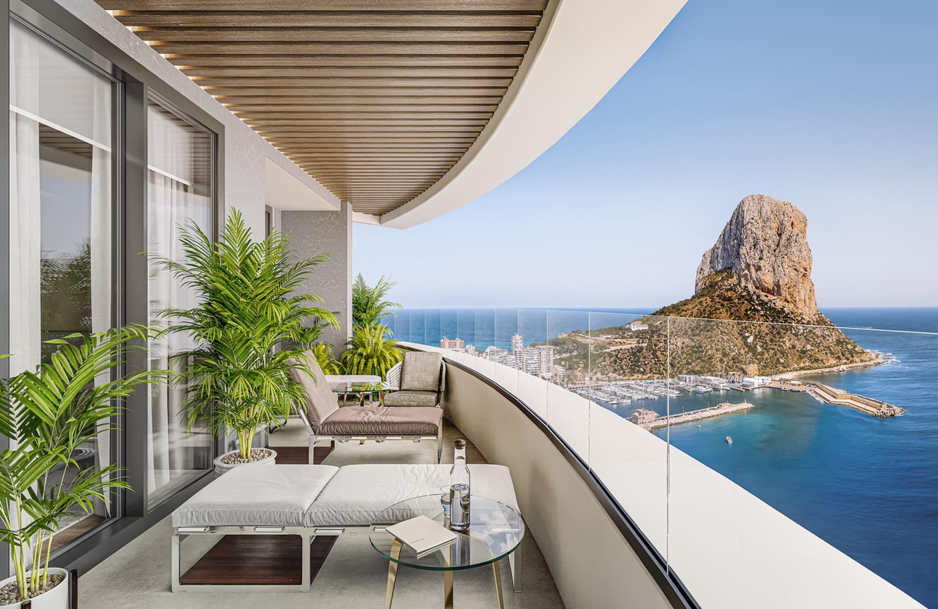 Elevated view over Ifach neighbourhood and coastline, Calpe