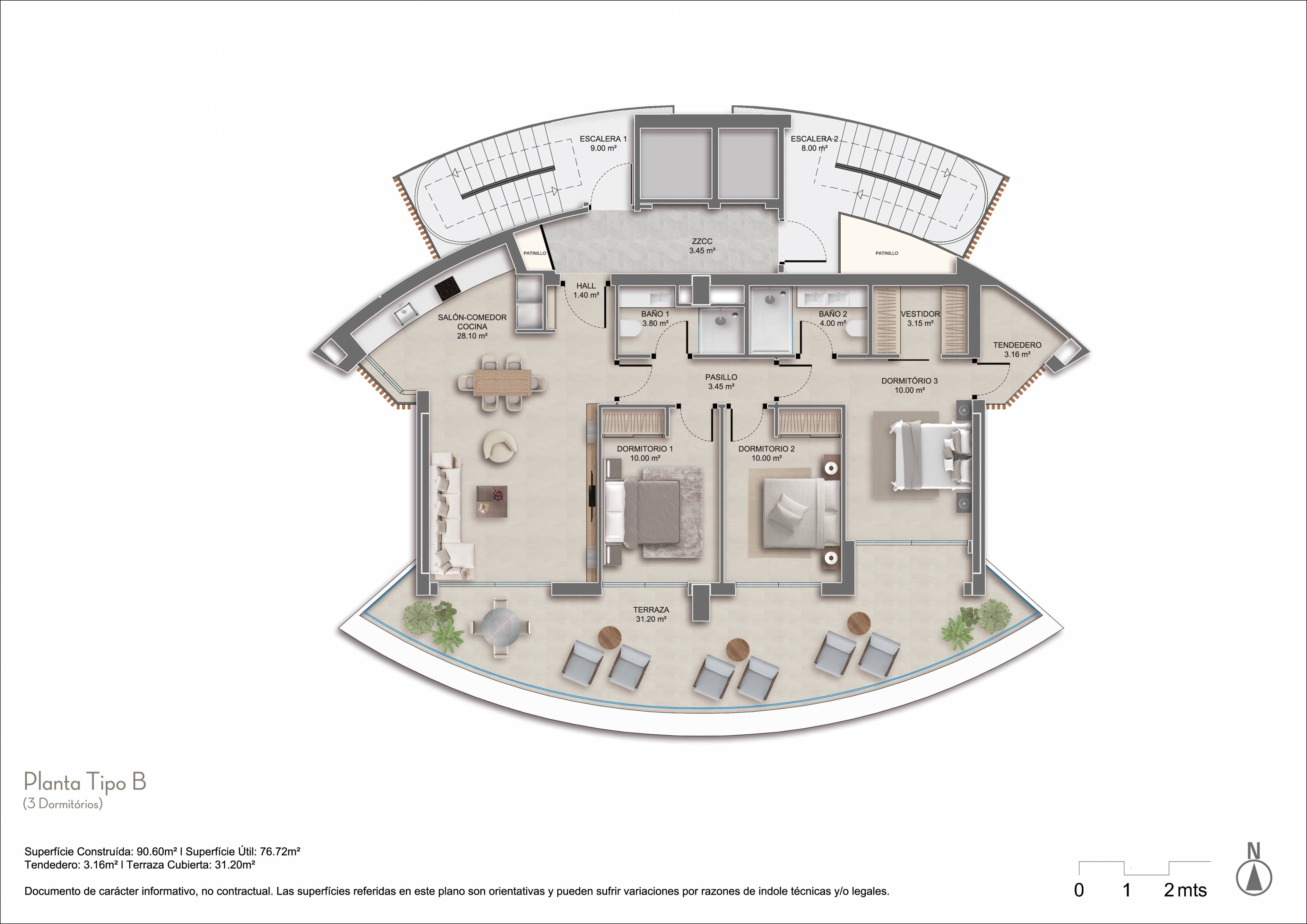 Floor plan of 3-bedroom apartment on 7th floor, Ifach, Calpe