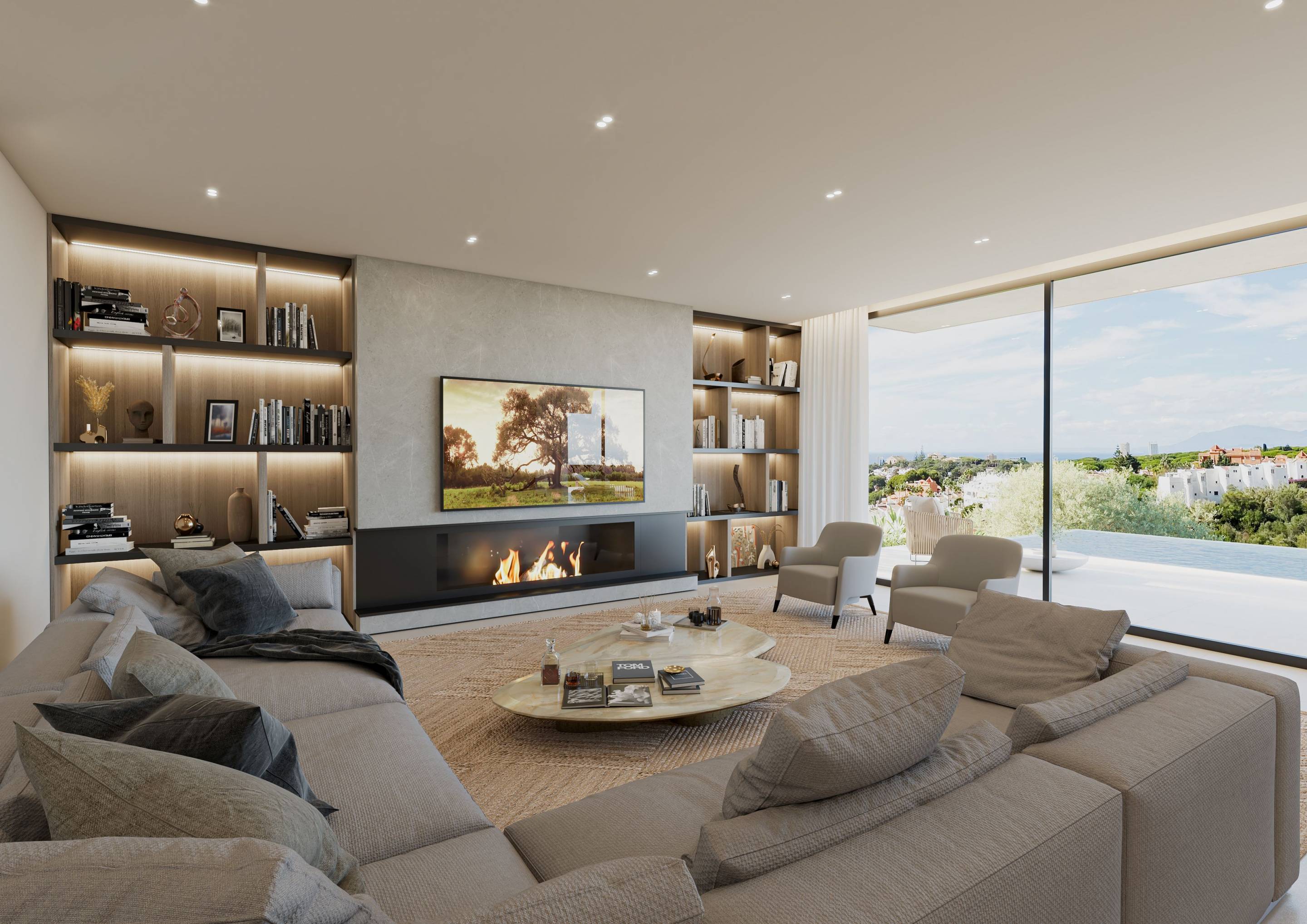 View to outdoor terrace from inside new-build villa, La Reserva de Marbella