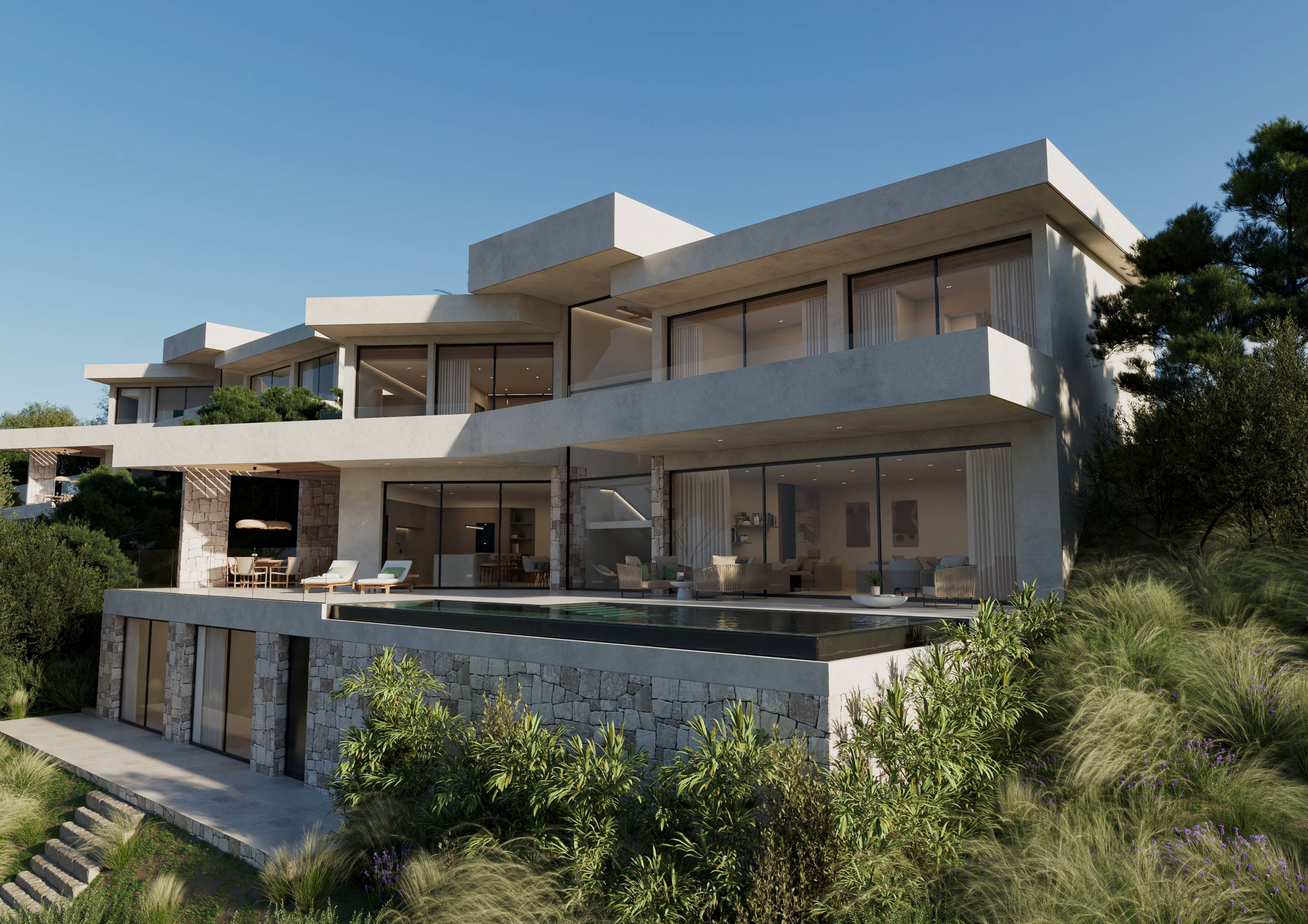 Open-plan living area with floor-to-ceiling glazing in 3-bedroom villa, La Reserva de Marbella