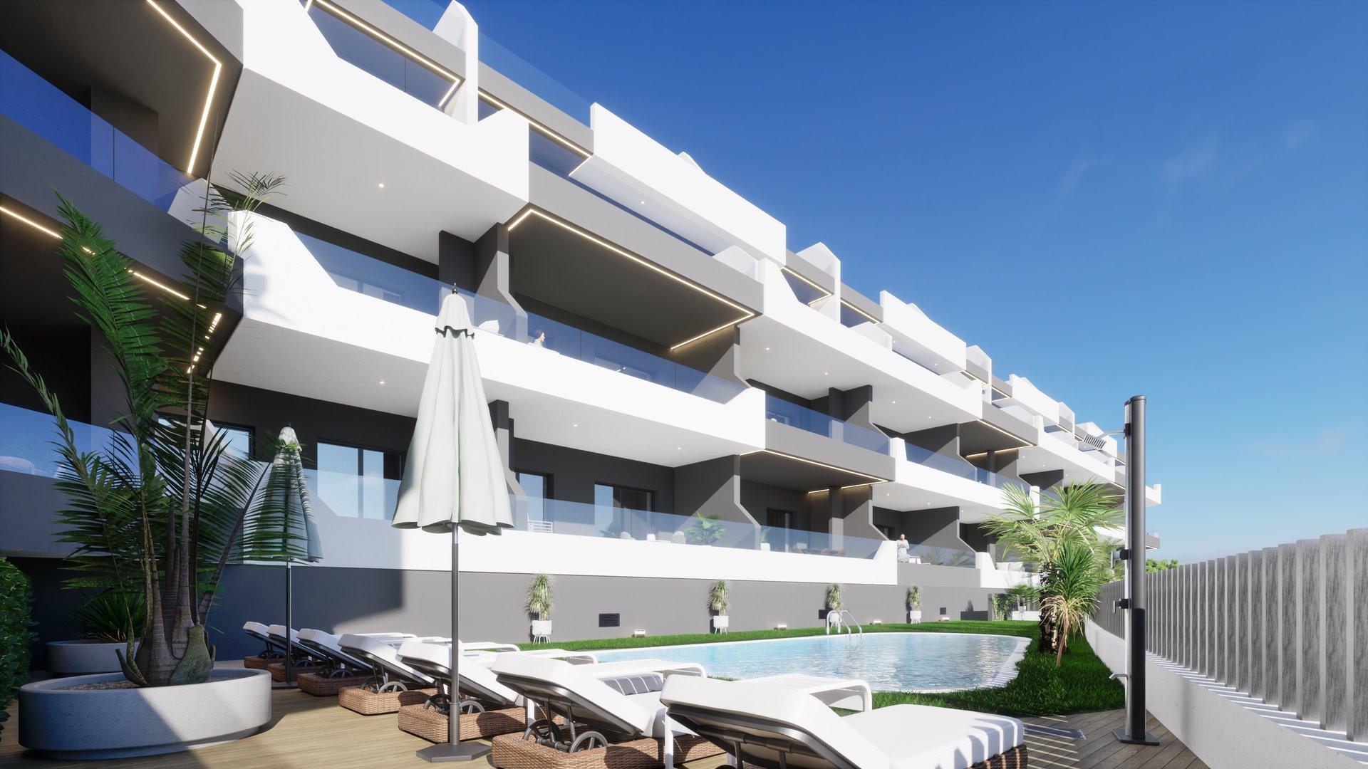 Facade detail of new-build apartment block, Pueblo 4, Benijofar