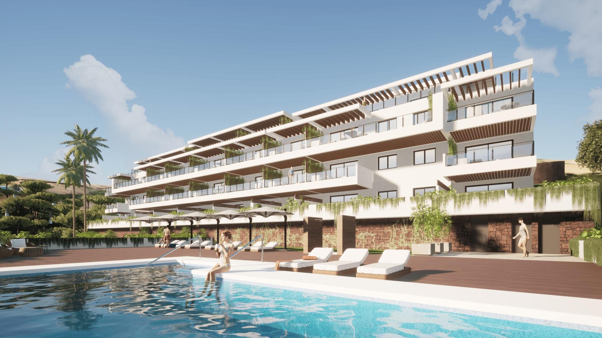 Living room with large windows in 2-bedroom new-build apartment, La Cala Golf, Mijas