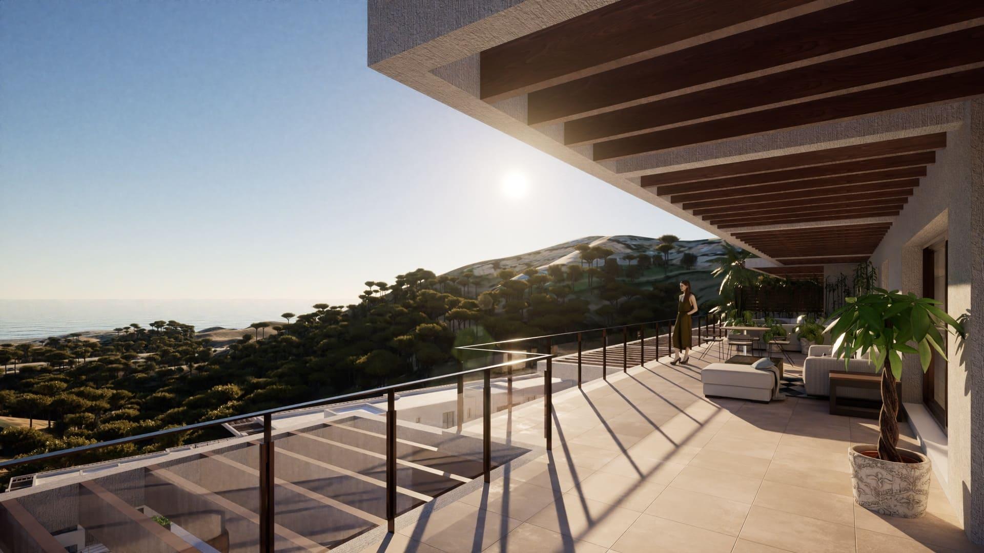 Exterior of new-build apartment block showing two-storey facade, La Cala Golf, Mijas