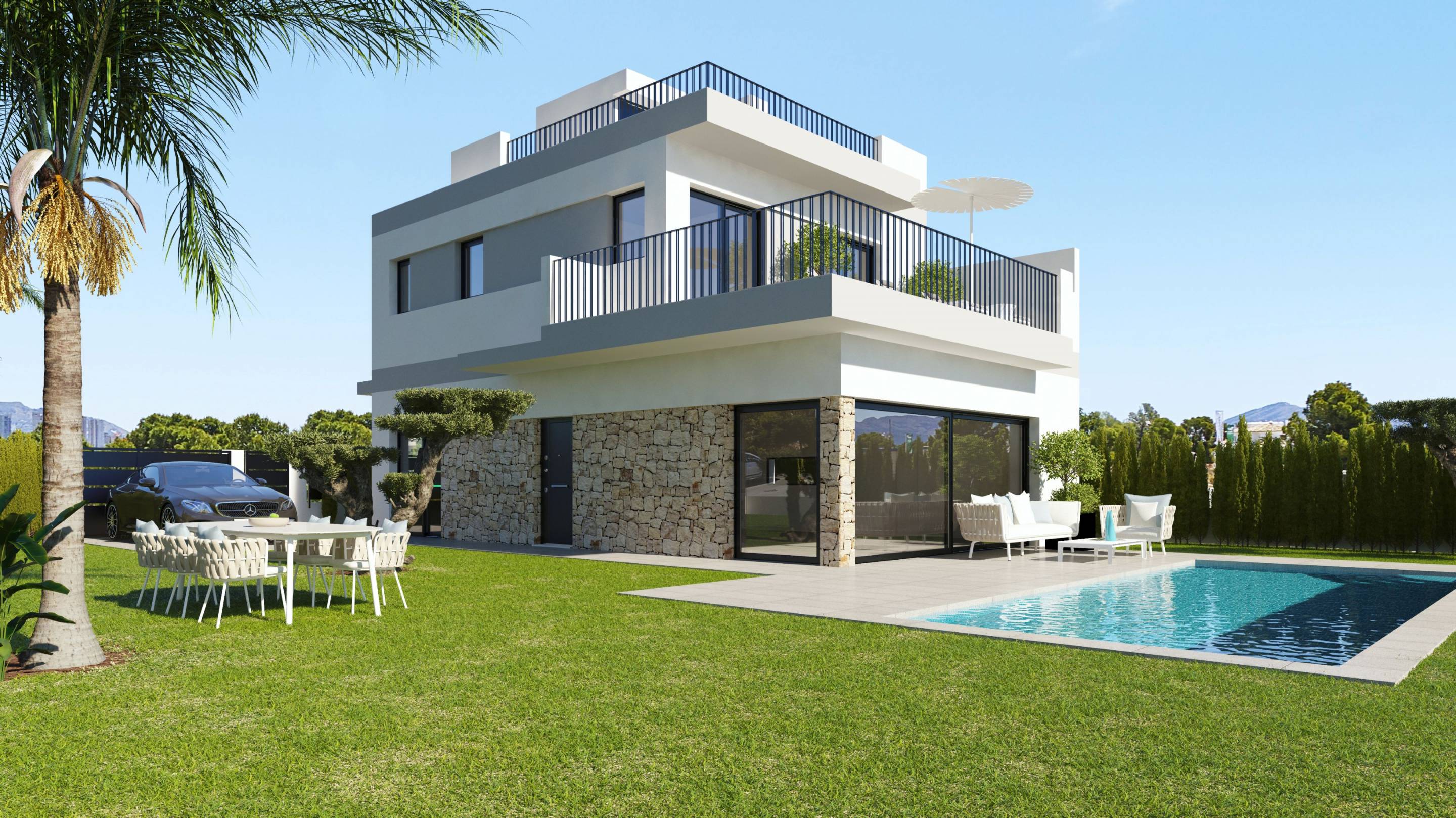 Side elevation of new-build villa exterior in Bellavista, San Miguel De Salinas