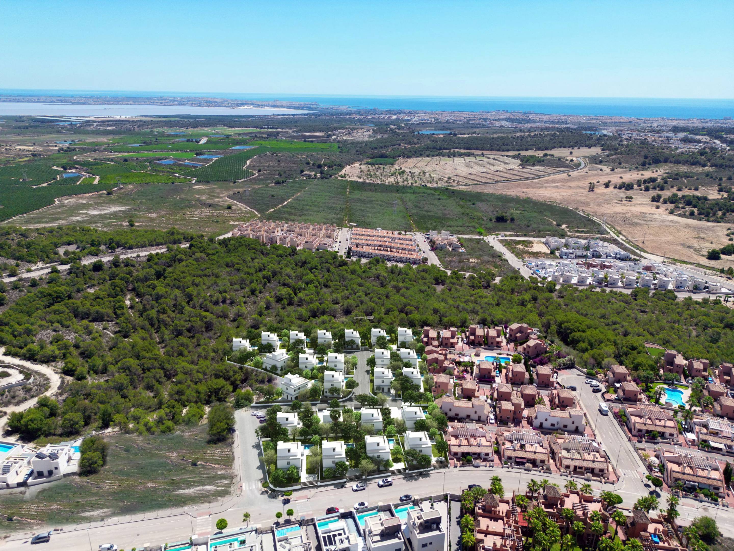 Rear view of new-build villa showing private plot in Bellavista, San Miguel De Salinas