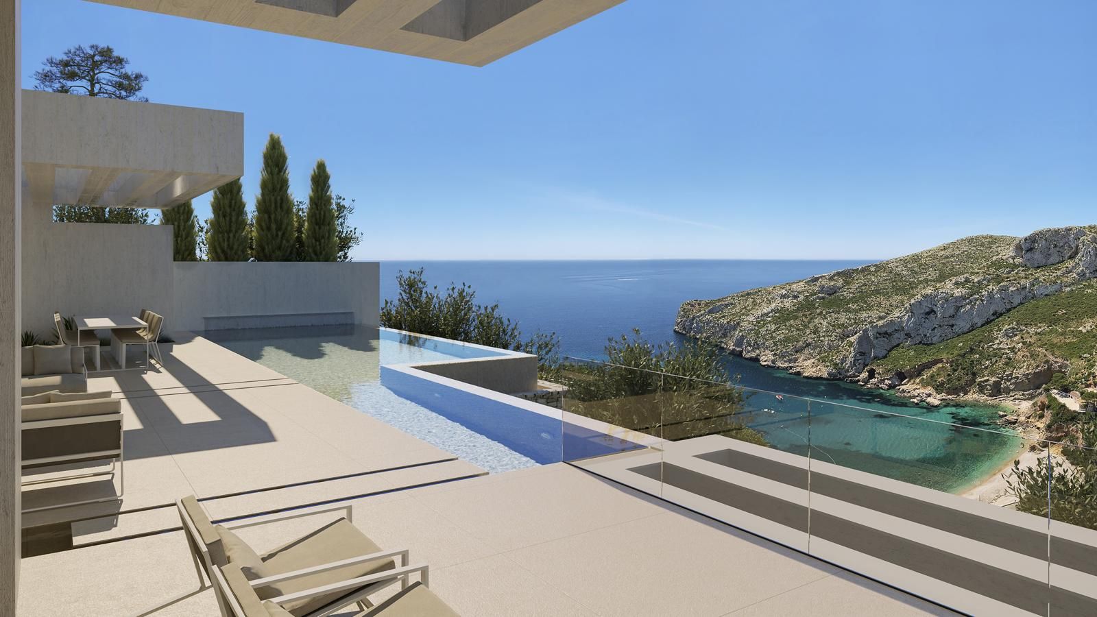 Elevated exterior view showing villa, plot and surrounding landscape, Granadella, Jávea
