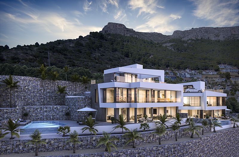 Open-plan living area with large windows in 4-bedroom new-build villa, Cucarres, Calpe