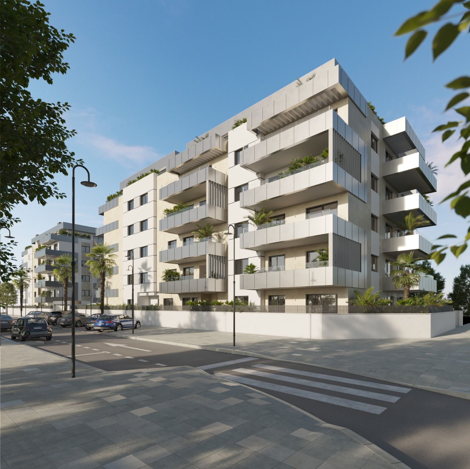 Seven-storey new-build complex exterior in Playa de los Boliches, Fuengirola