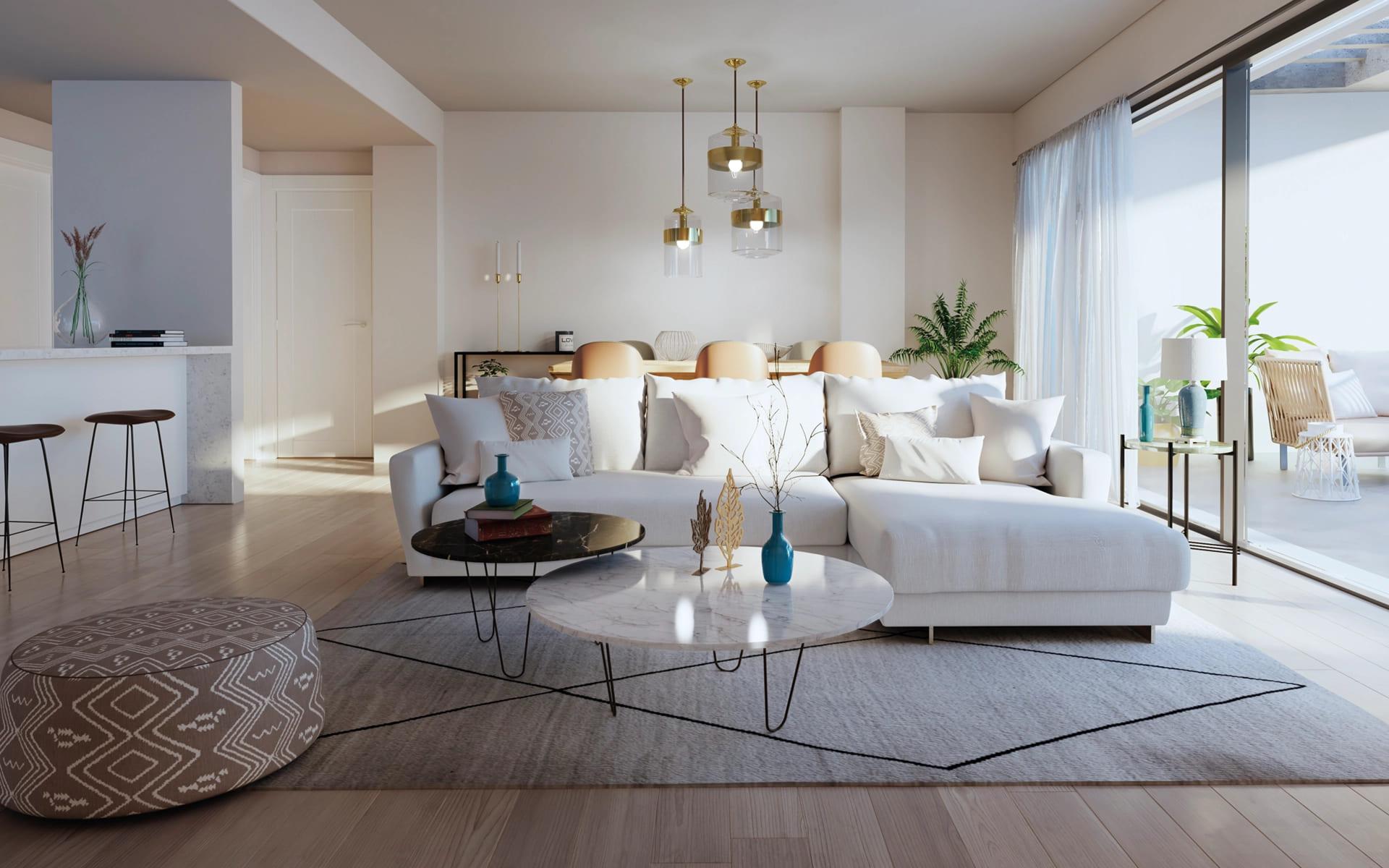 Open-plan living and dining area with kitchen in 2-bedroom new-build apartment, La Cala de Mijas