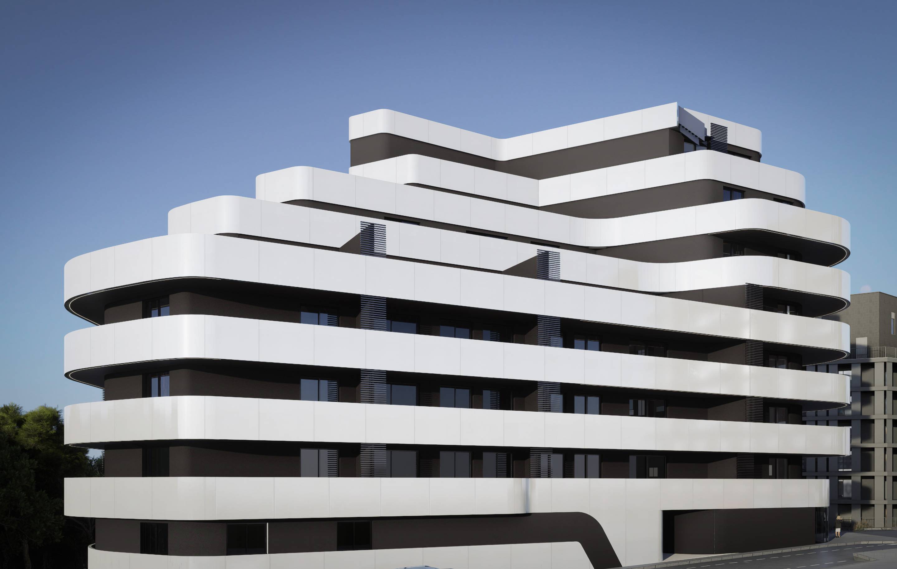 Night-time exterior of the new-build building in Playa Arenal-Bol, Calpe
