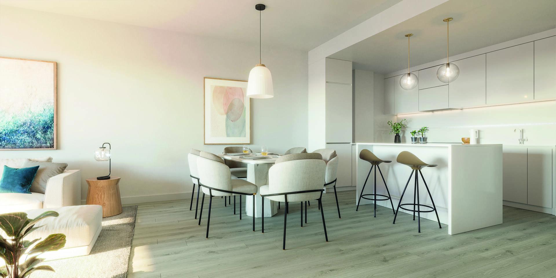 Open-plan living and dining area in first-floor 3-bedroom new-build apartment, Las Flores, Mijas