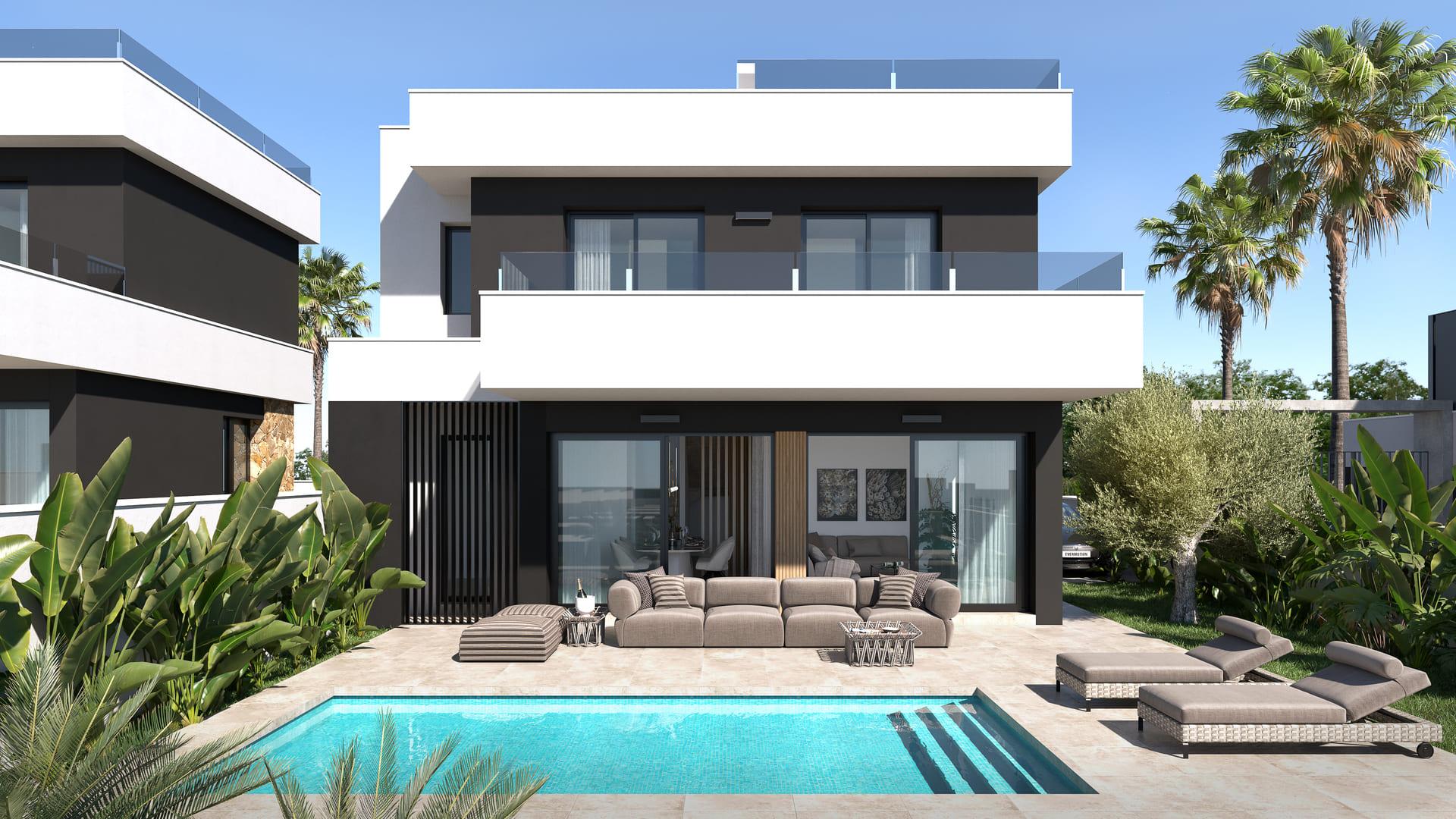 Elevated view of 256m2 plot and roofline of new-build villa, Lo Marabú