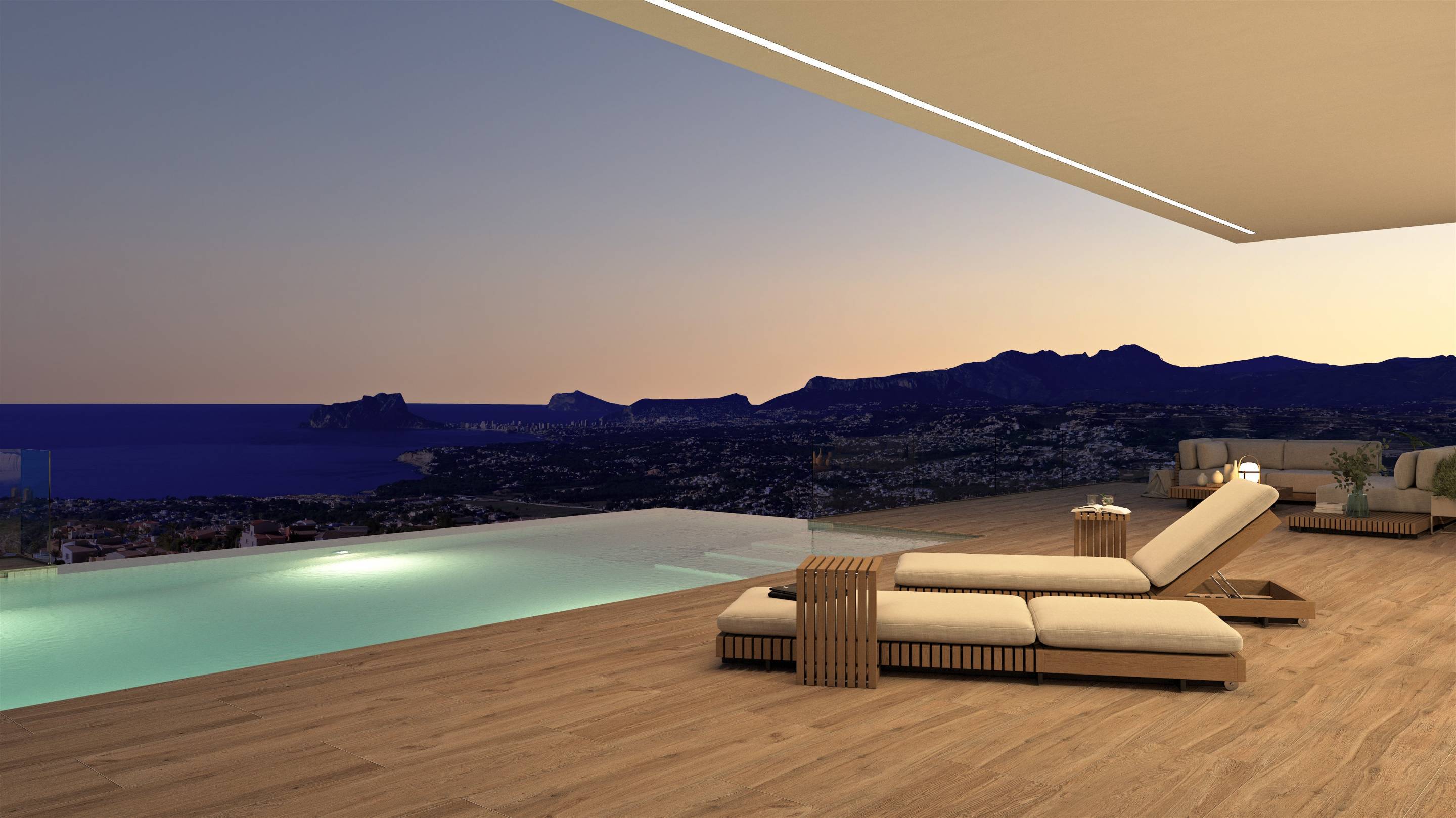 Flat-roof exterior of new-build villa showing upper terrace level, Cumbre del Sol, Benitachell