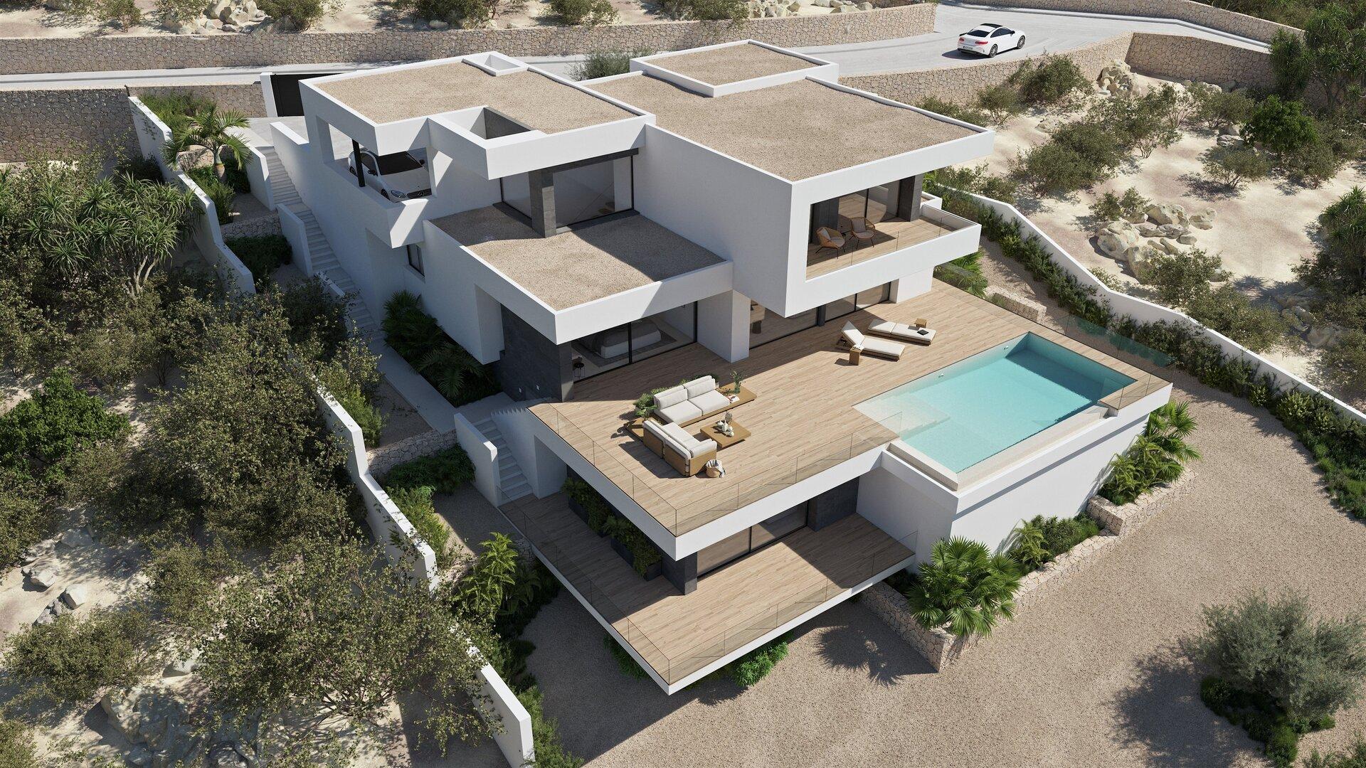 Side elevation of new-build villa showing full plot extent, Cumbre del Sol, Benitachell